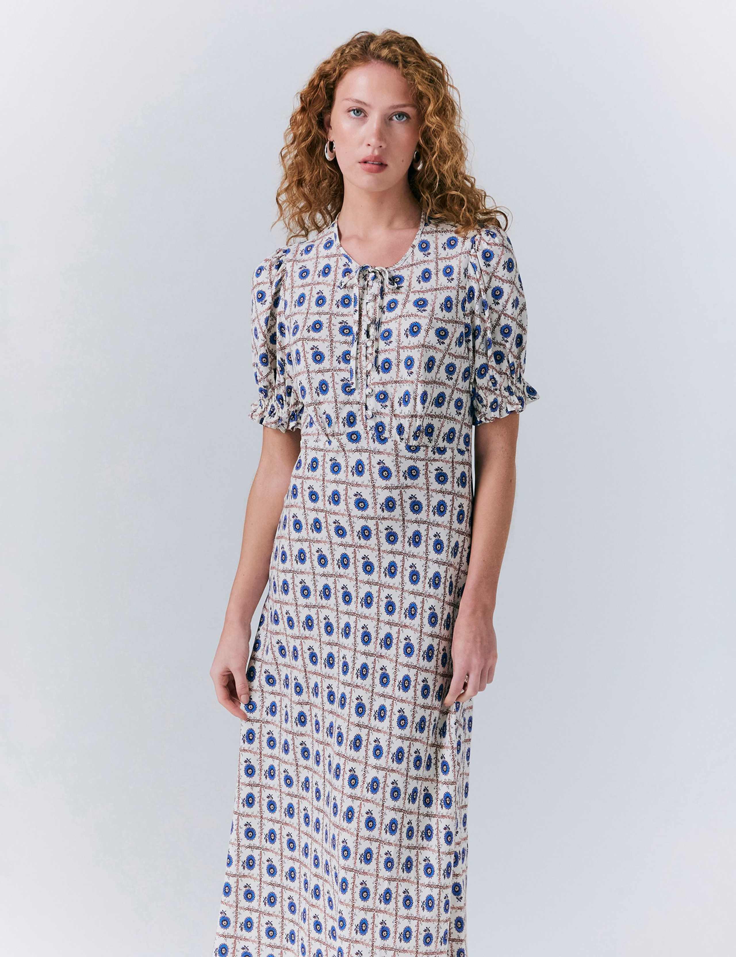 Crepe Floral Tie Neck Midi Smock Dress 3 of 5