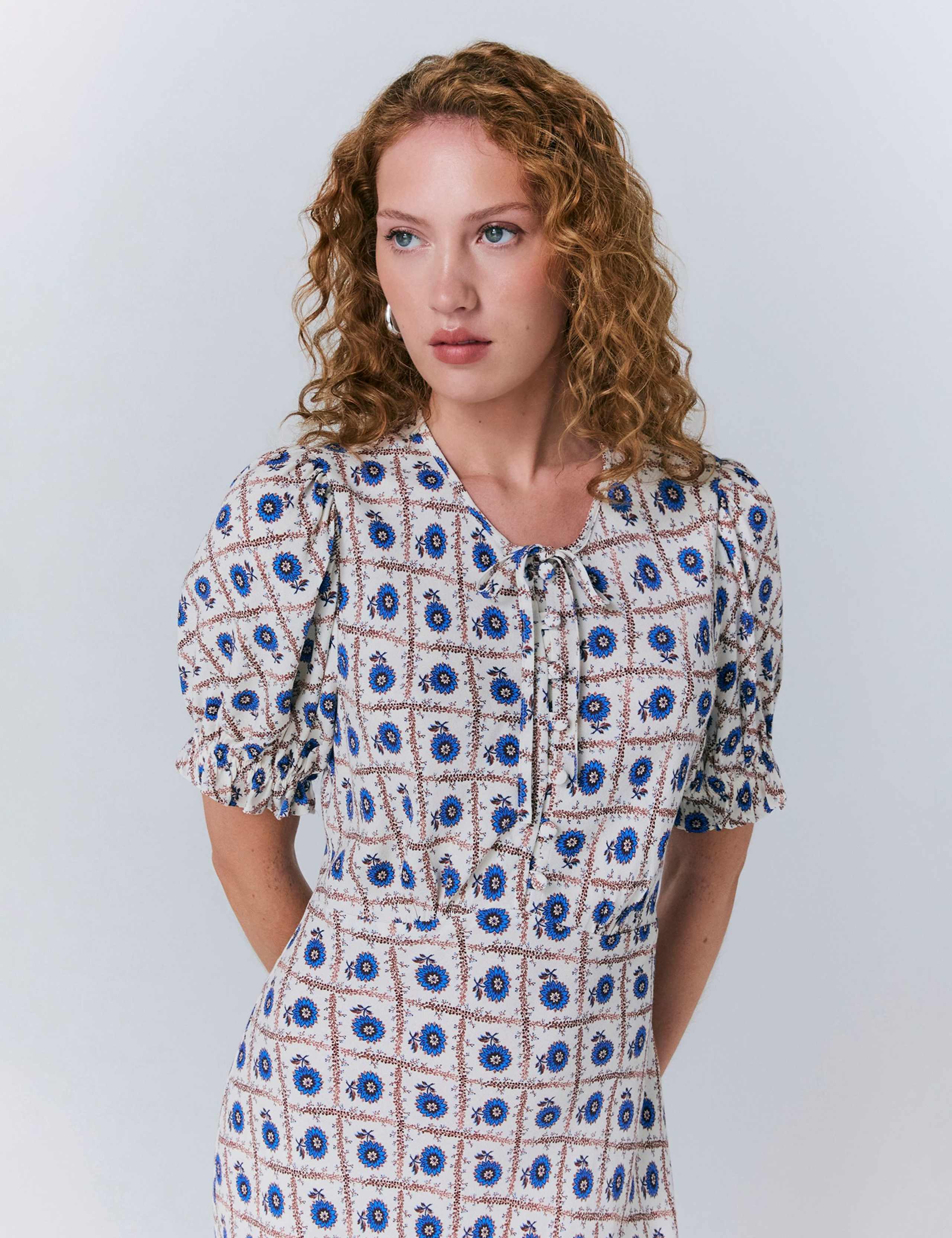 Crepe Floral Tie Neck Midi Smock Dress 5 of 5