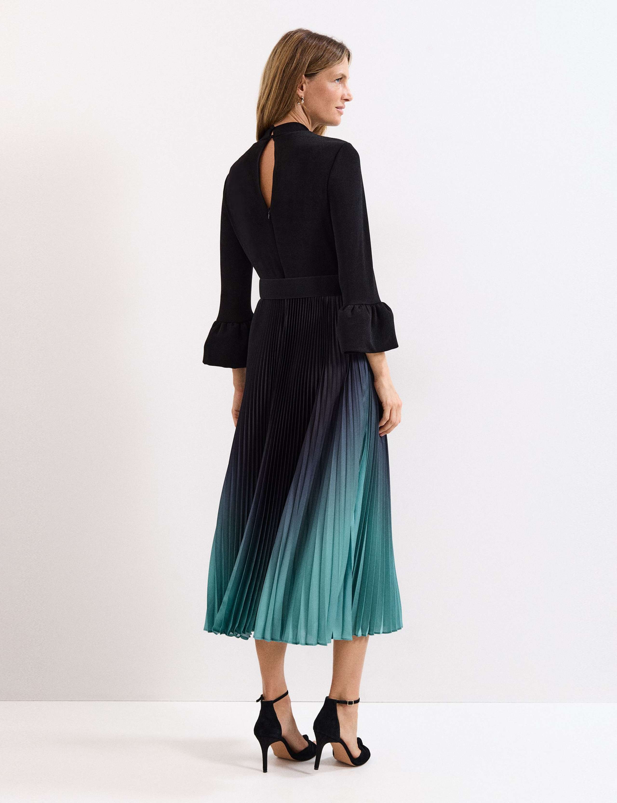 Ombre Pleated Belted Midi Skater Dress 3 of 8