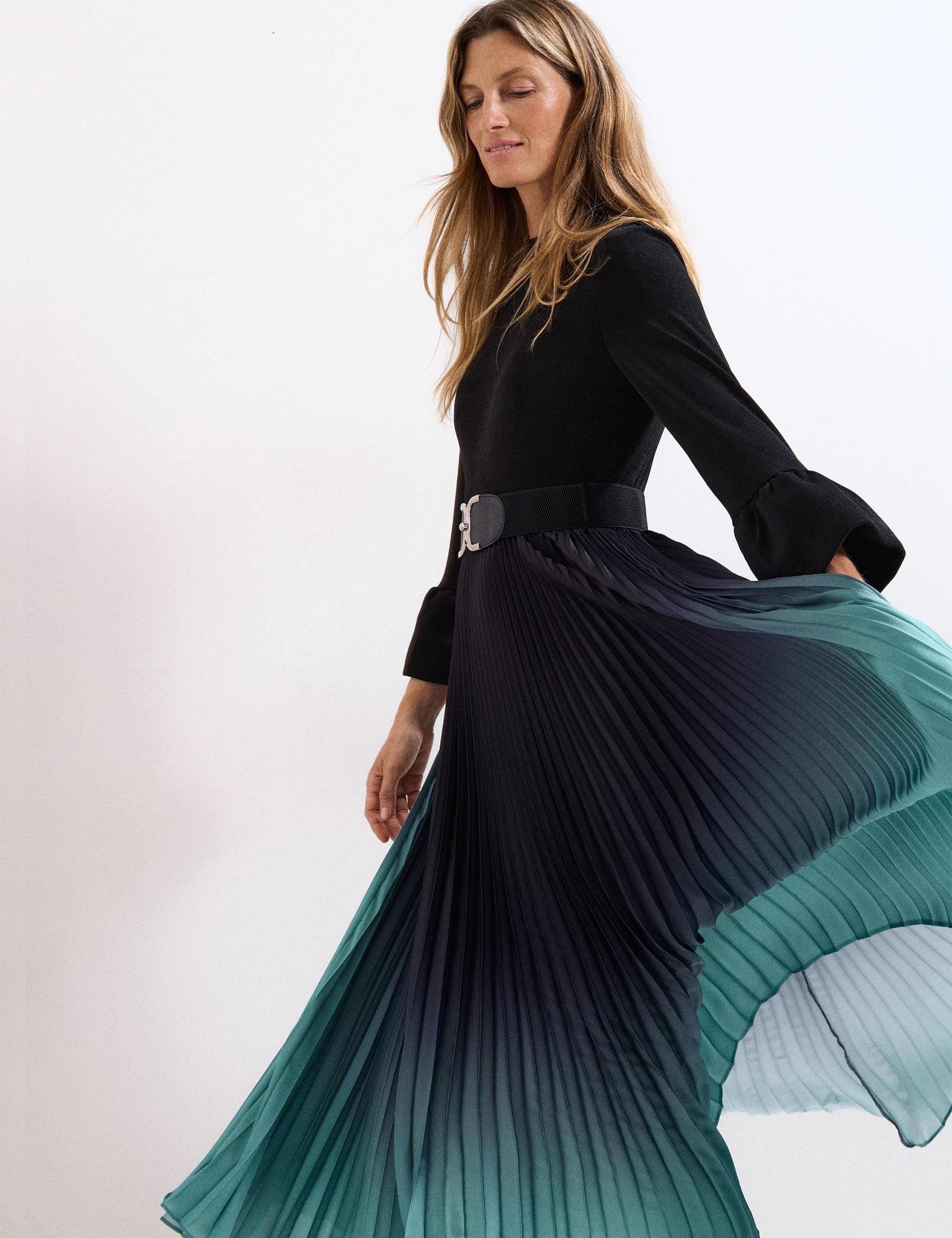 Ombre Pleated Belted Midi Skater Dress 4 of 8