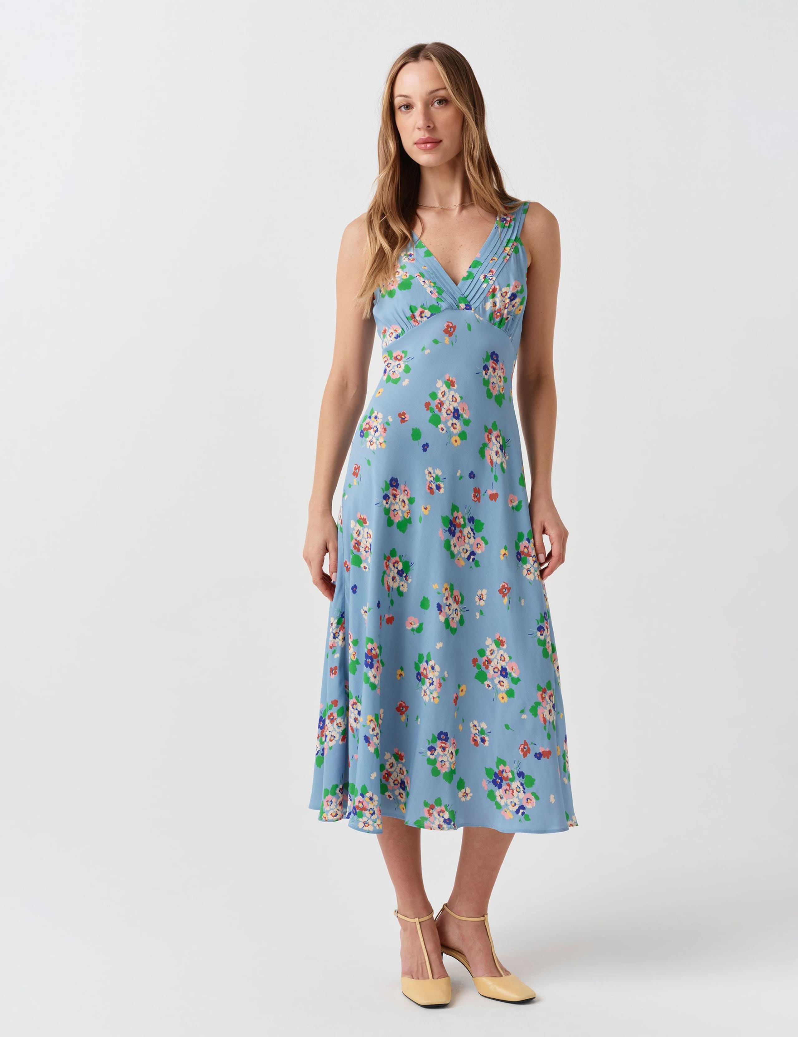 Crepe Floral V-Neck Pintuck Midi Tea Dress 2 of 6