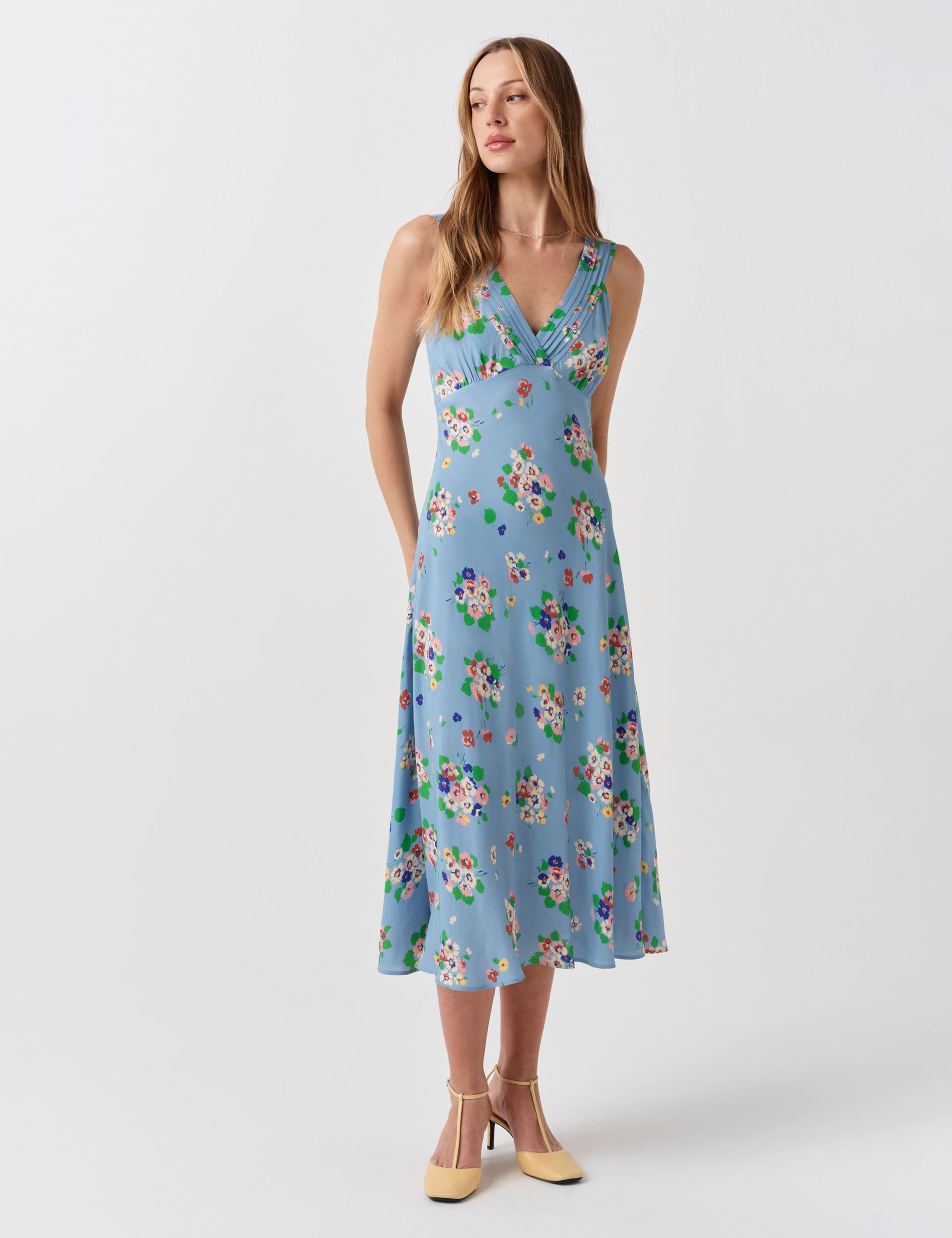 Crepe Floral V-Neck Pintuck Midi Tea Dress 3 of 6