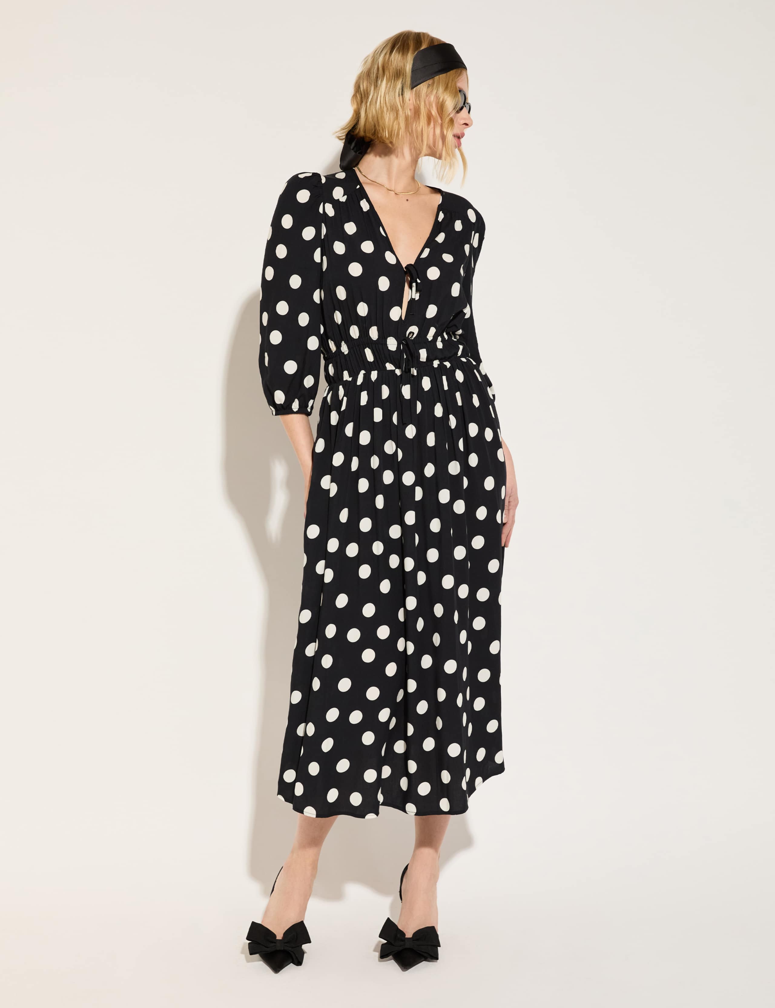 Spot Print V-Neck Midi Skater Dress 2 of 5