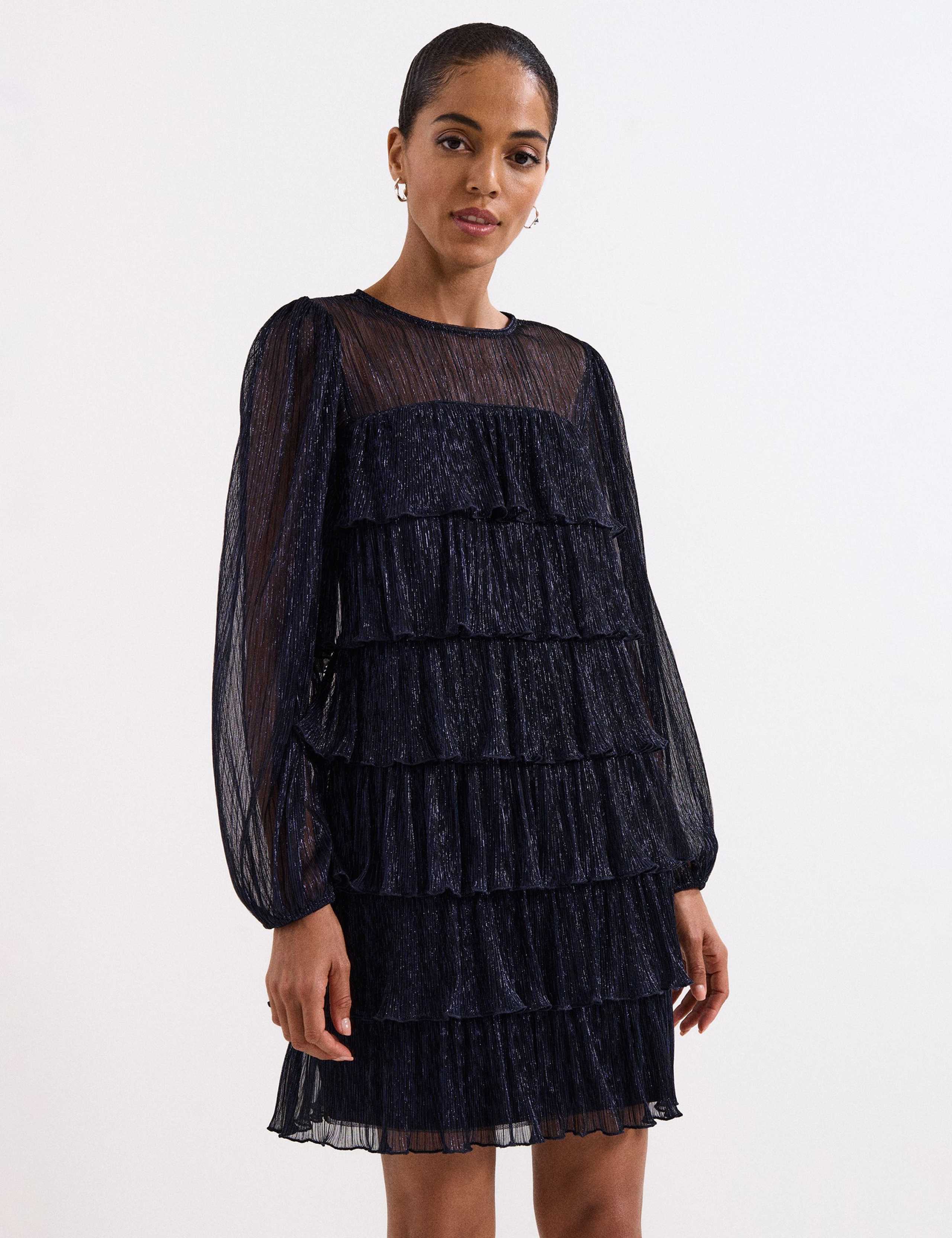 Sparkly Blouson Sleeve Mini Tiered Dress 1 of 6