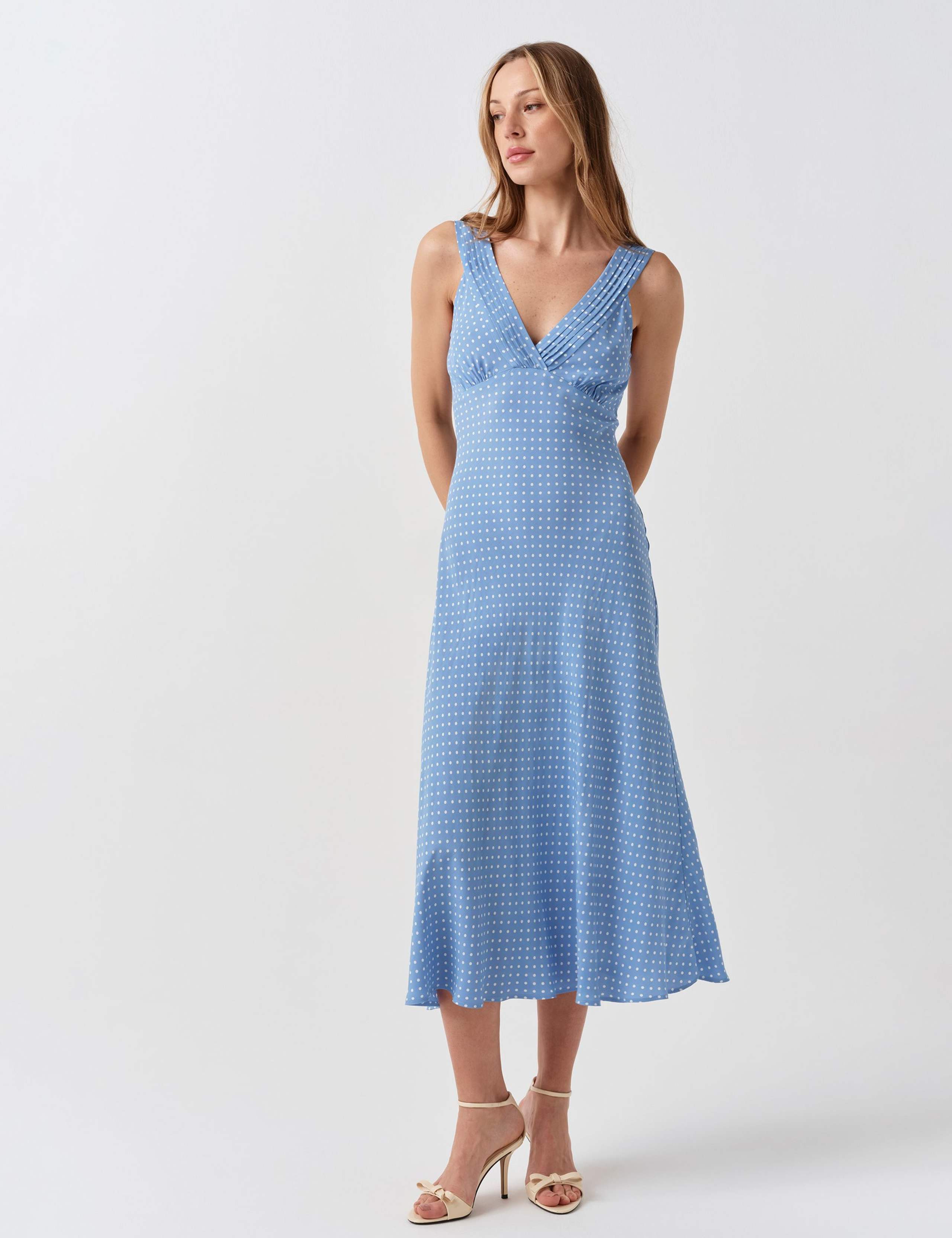 Crepe Polka Dot V-Neck Midi Tea Dress 2 of 6
