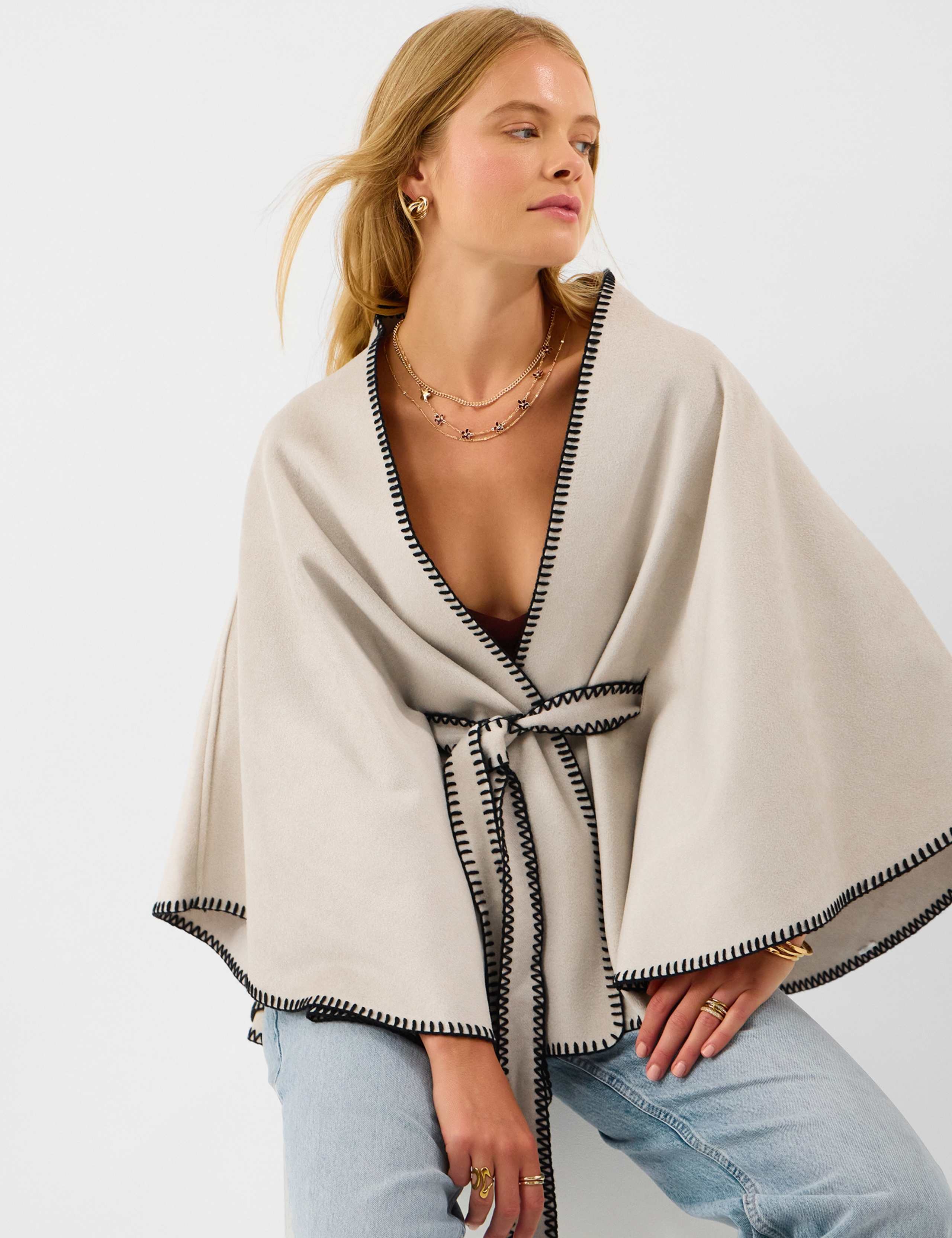Contrast Trim Belted Poncho 1 of 5