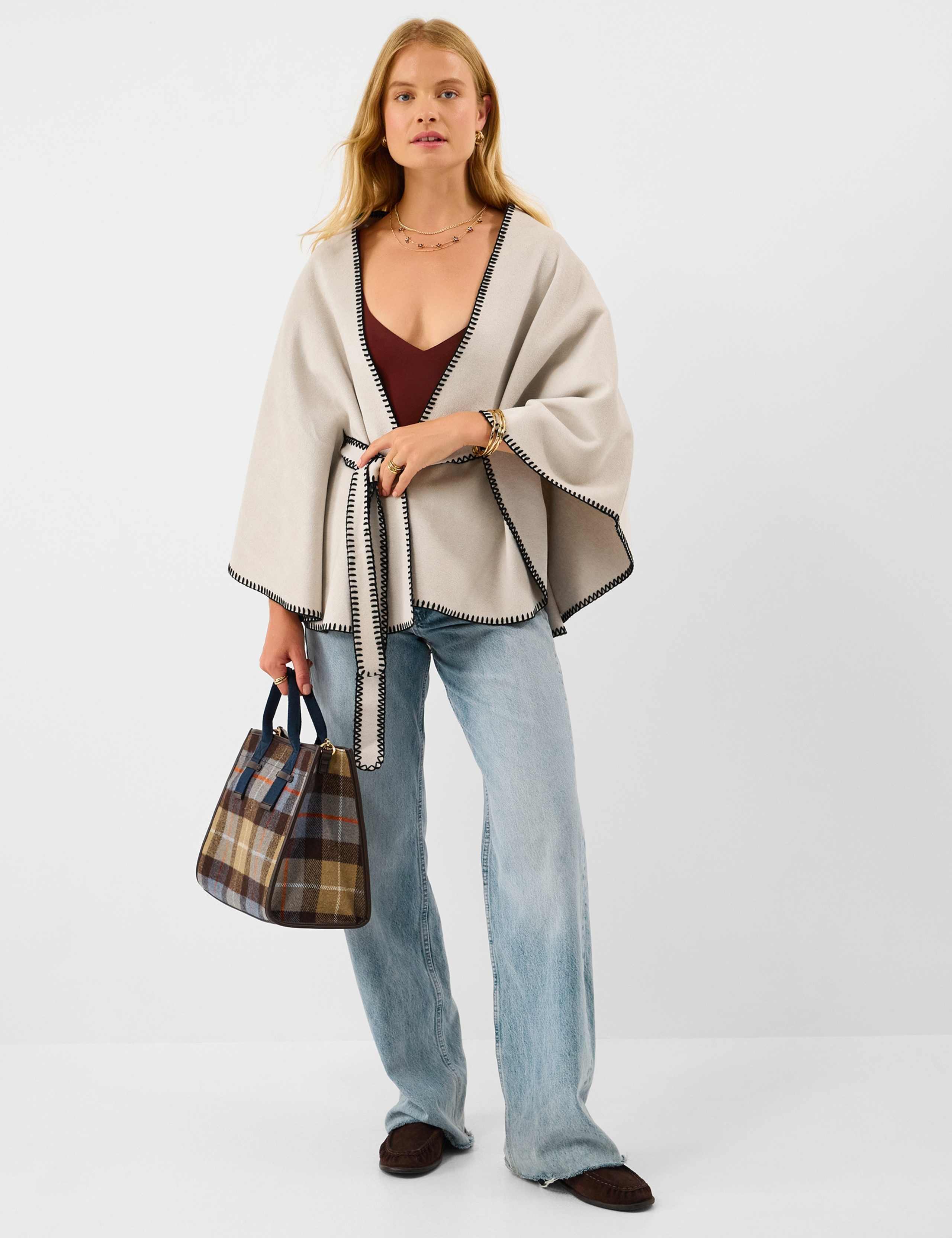 Contrast Trim Belted Poncho 3 of 5