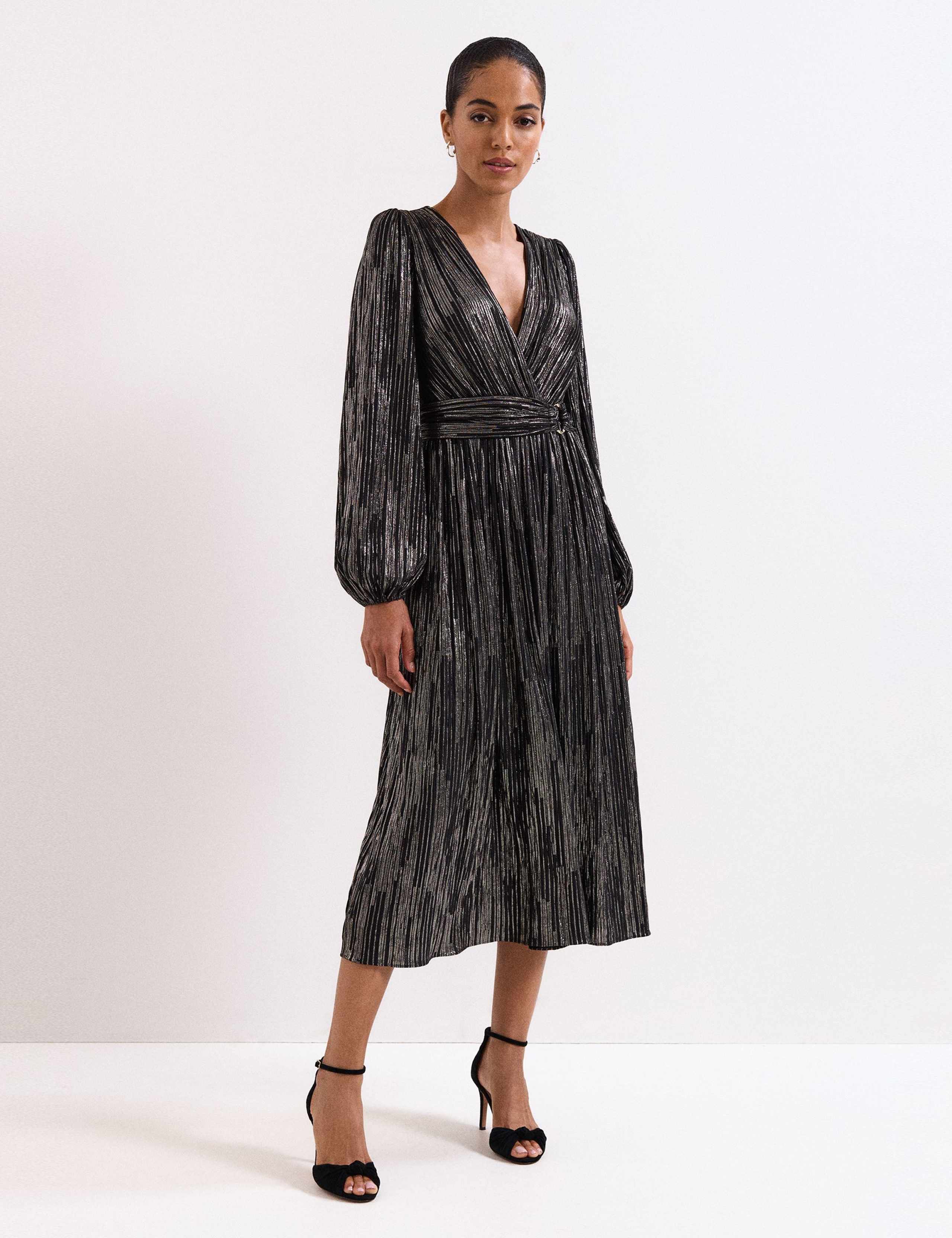 Metallic Striped V-Neck Midi Waisted Dress 1 of 8