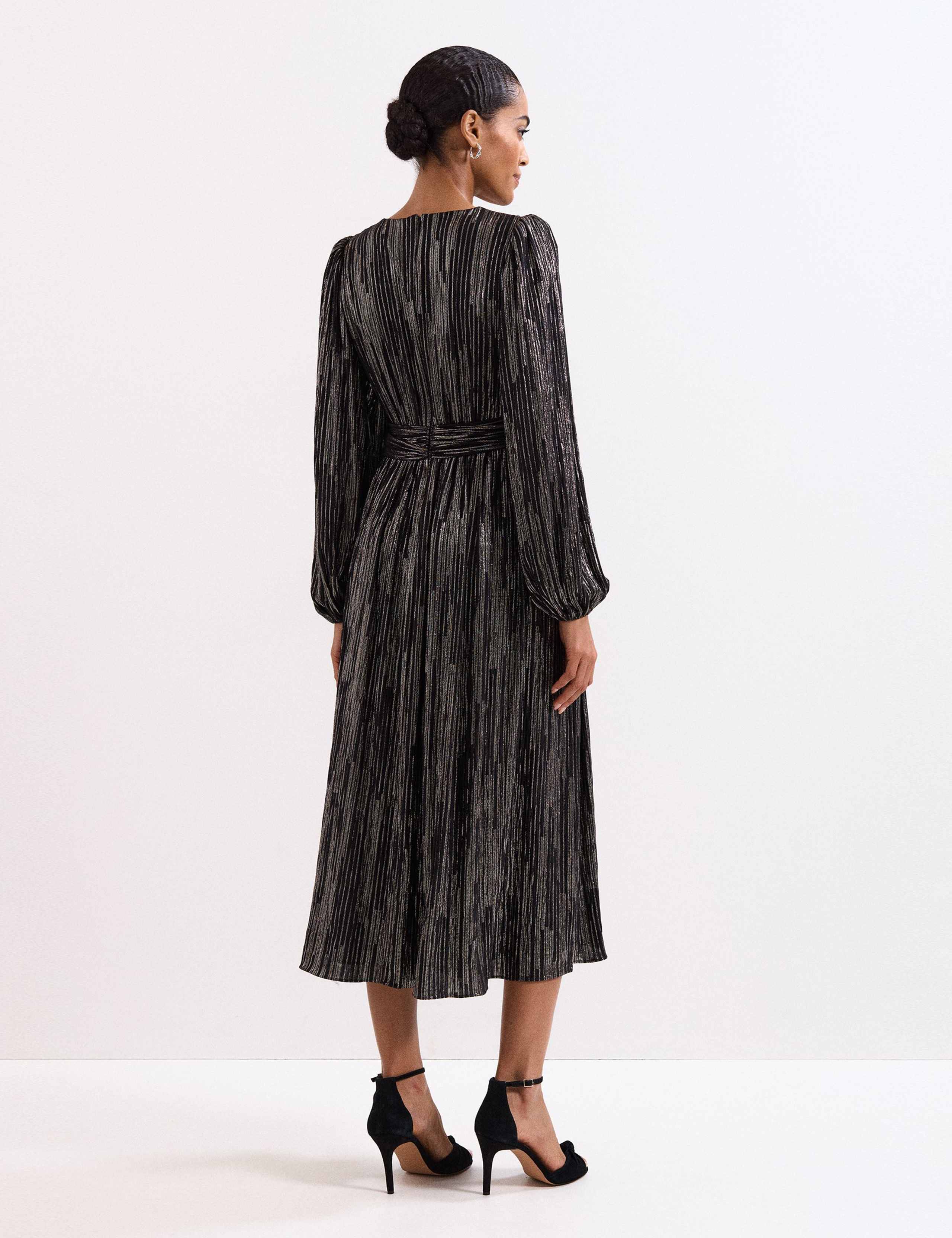 Metallic Striped V-Neck Midi Waisted Dress 3 of 8