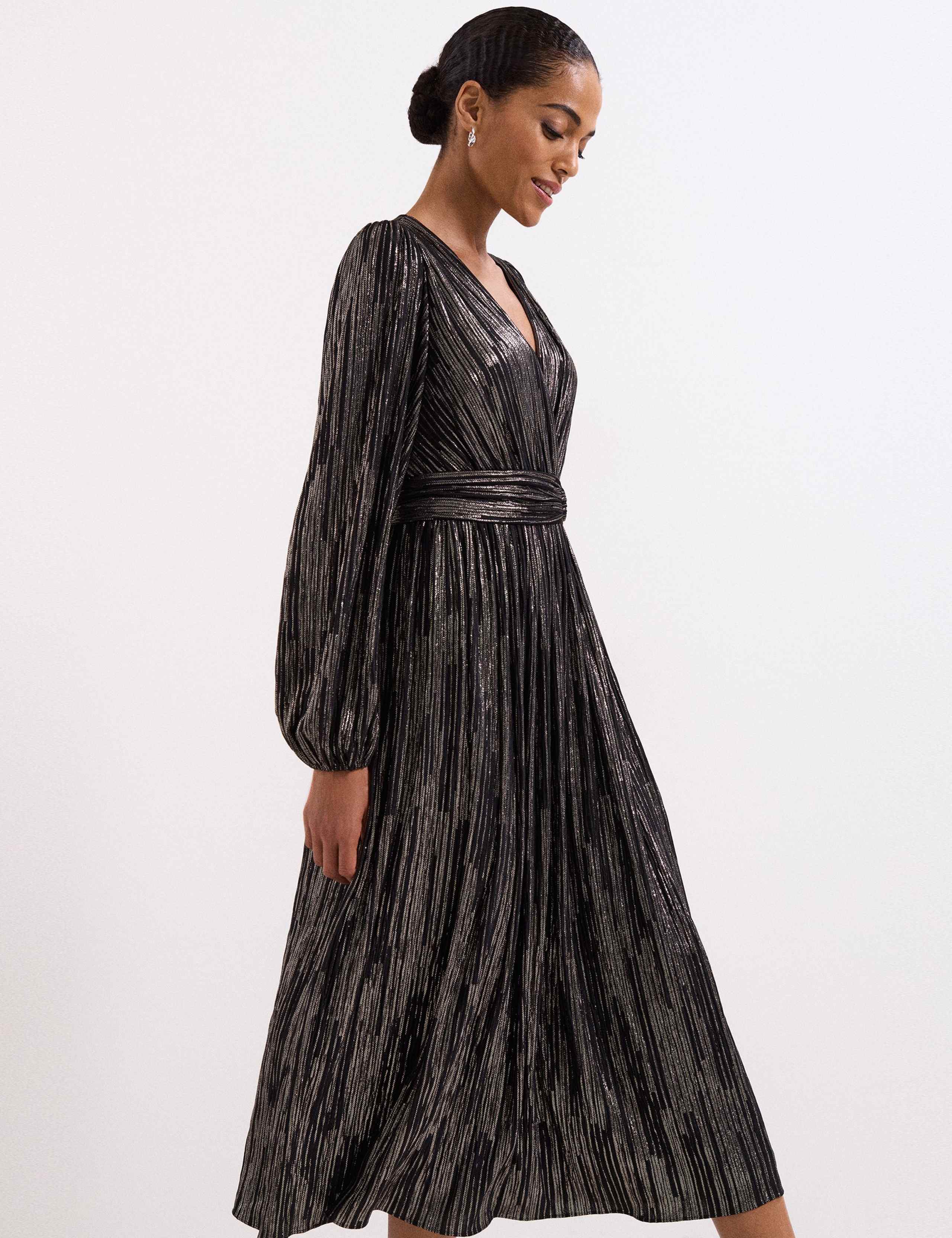 Metallic Striped V-Neck Midi Waisted Dress 6 of 8