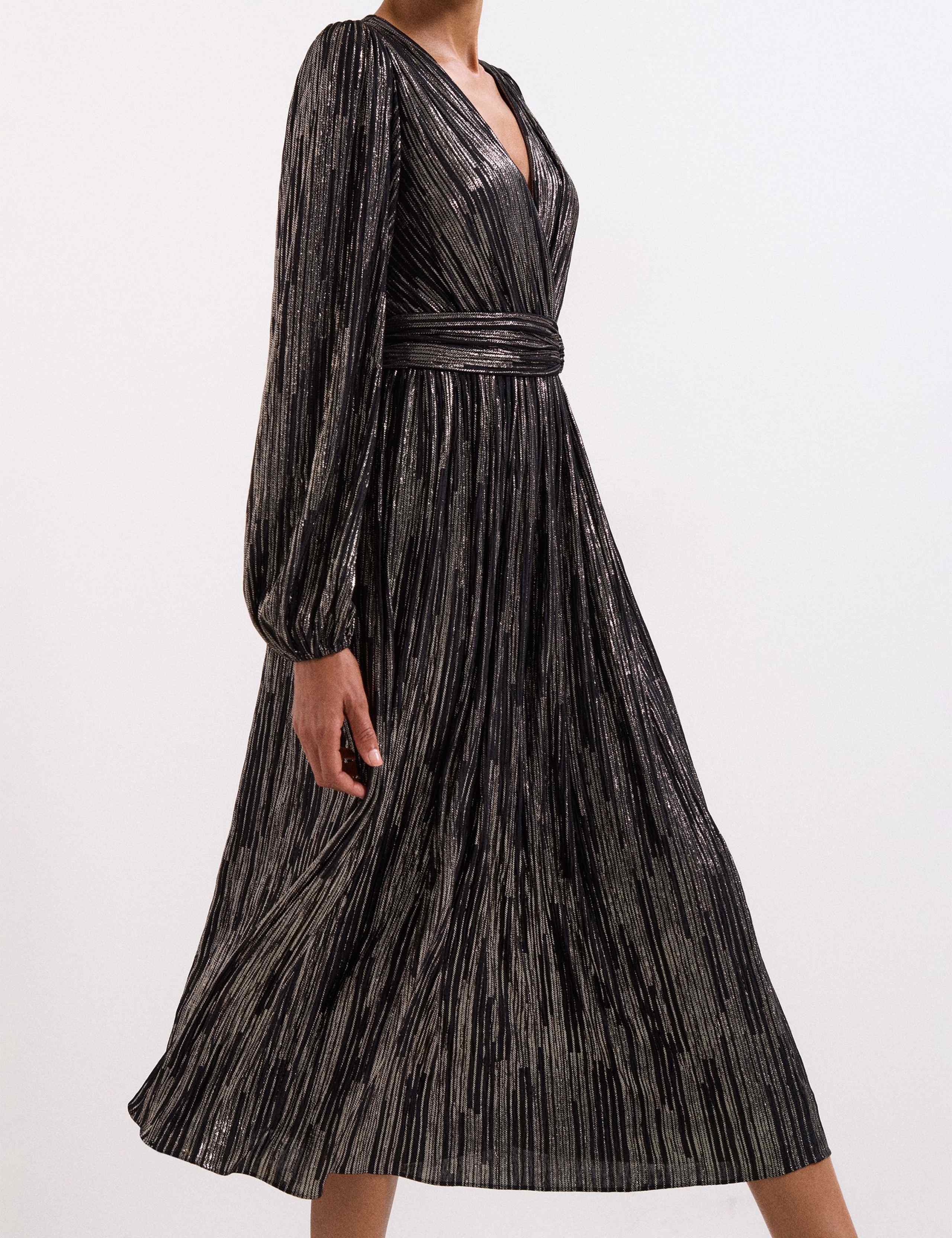 Metallic Striped V-Neck Midi Waisted Dress 7 of 8