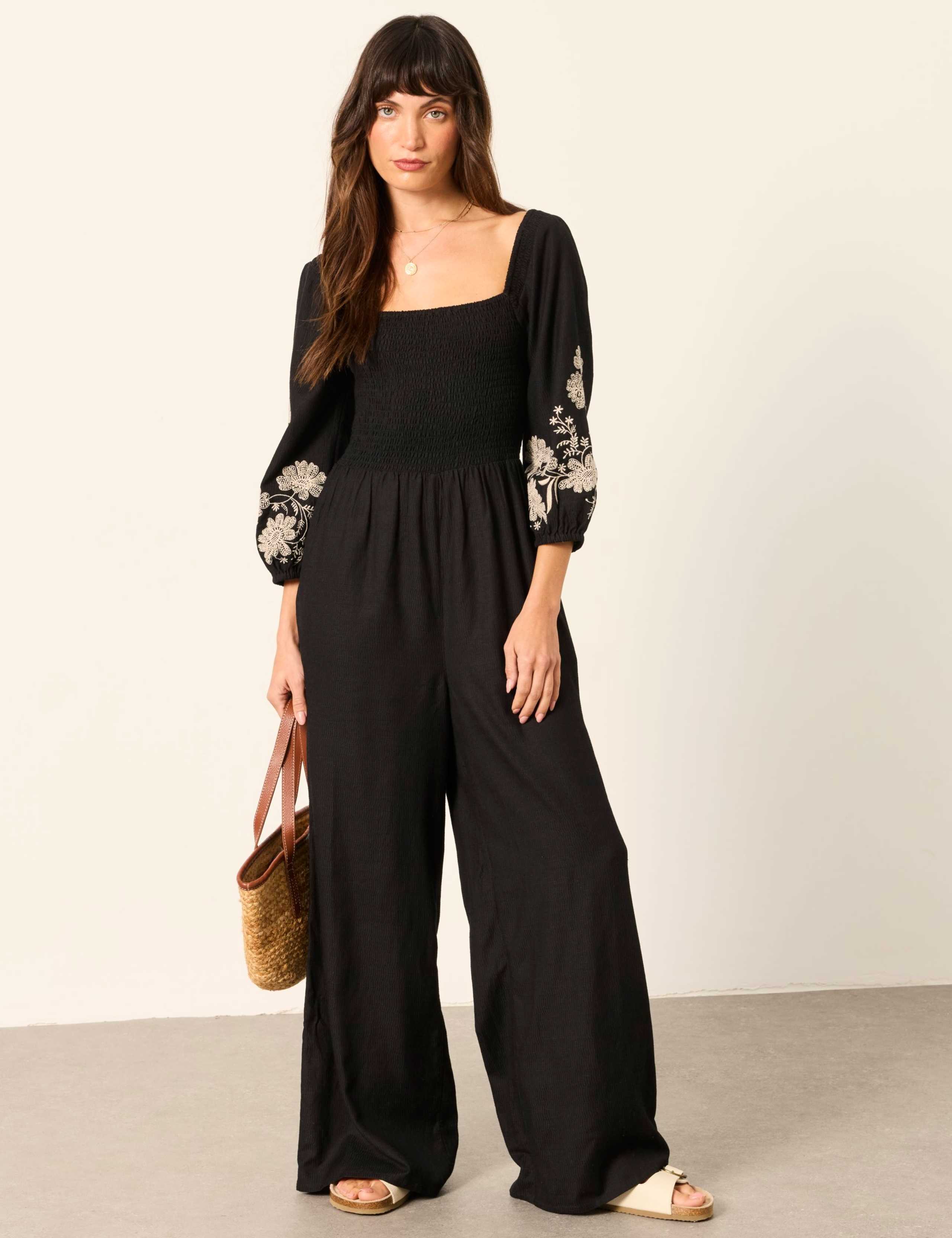 Cotton Blend Embroidered 3/4 Sleeve Jumpsuit 1 of 5