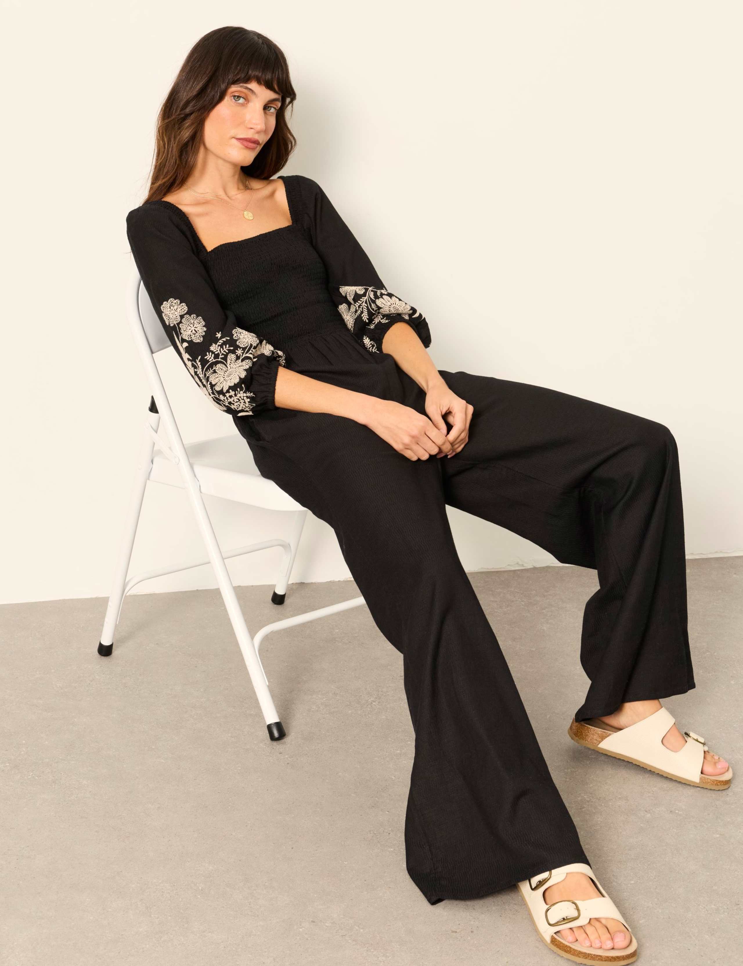 Cotton Blend Embroidered 3/4 Sleeve Jumpsuit 3 of 5