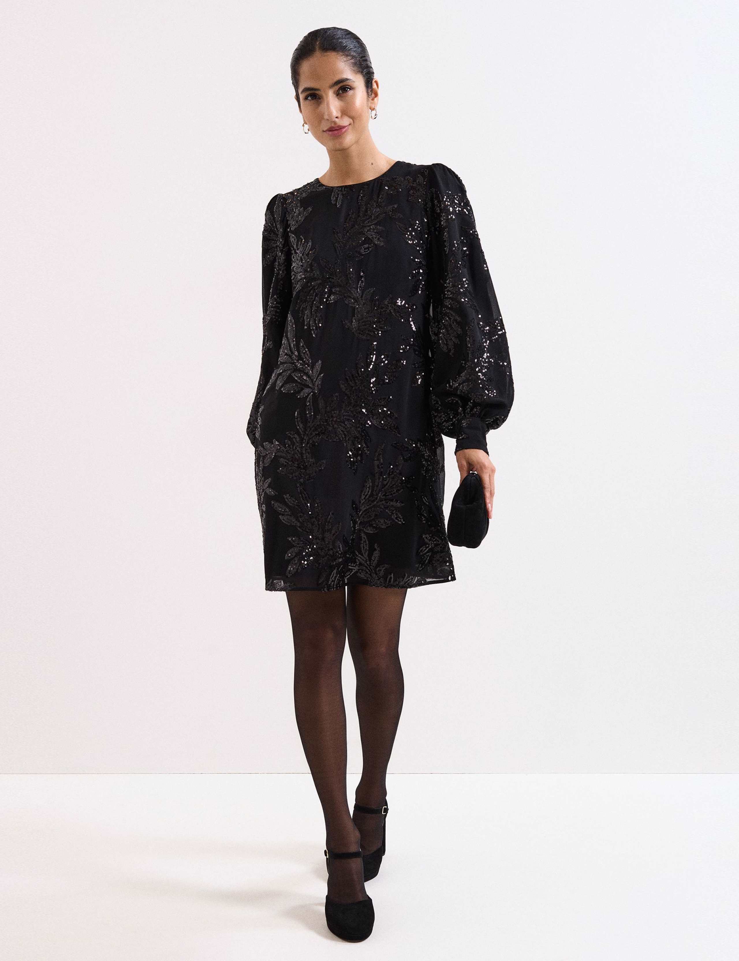 Botanical Sequin Round Neck Mini Shift Dress 3 of 7