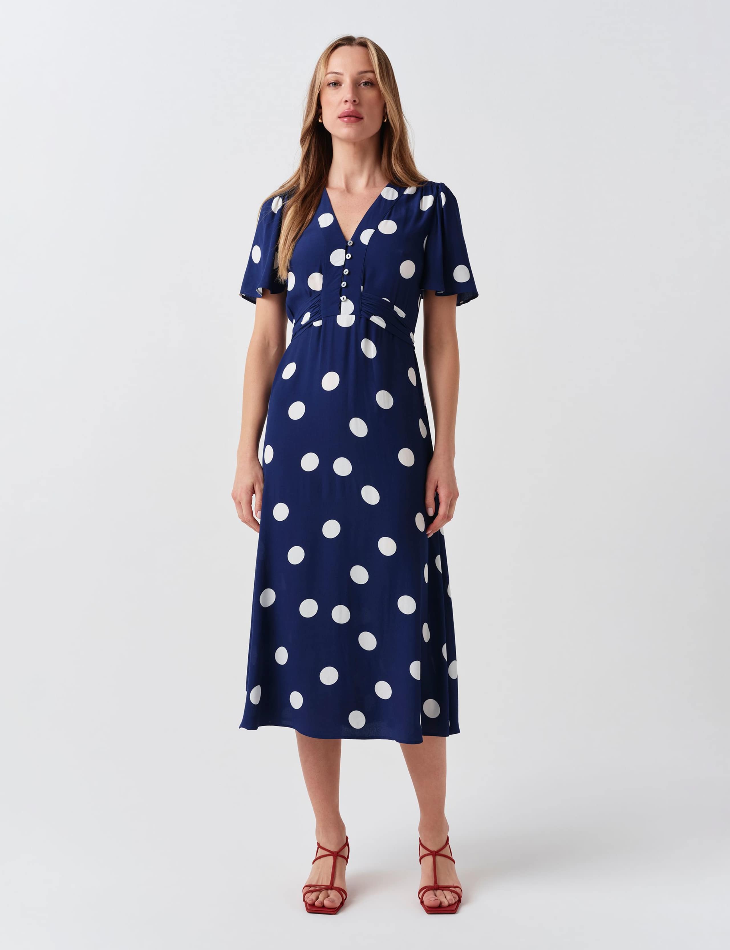 Crepe Spot V-Neck Midi Tea Dress 1 of 6