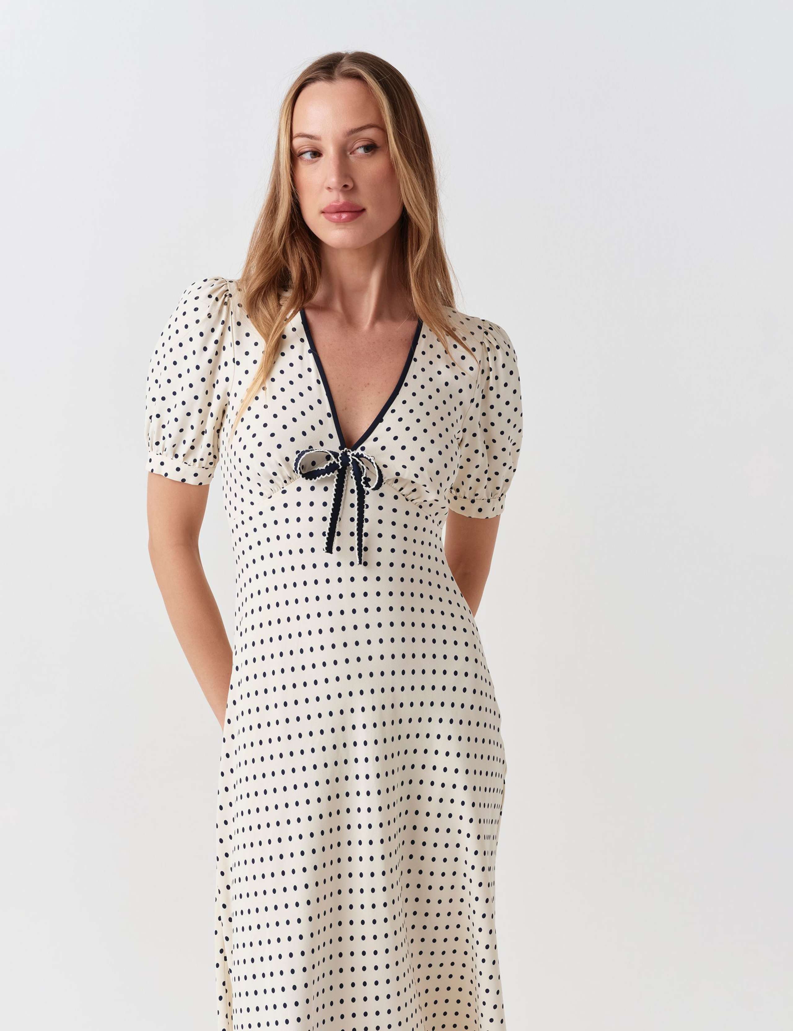 Crepe Spot Print V-Neck Midi Dress 4 of 7