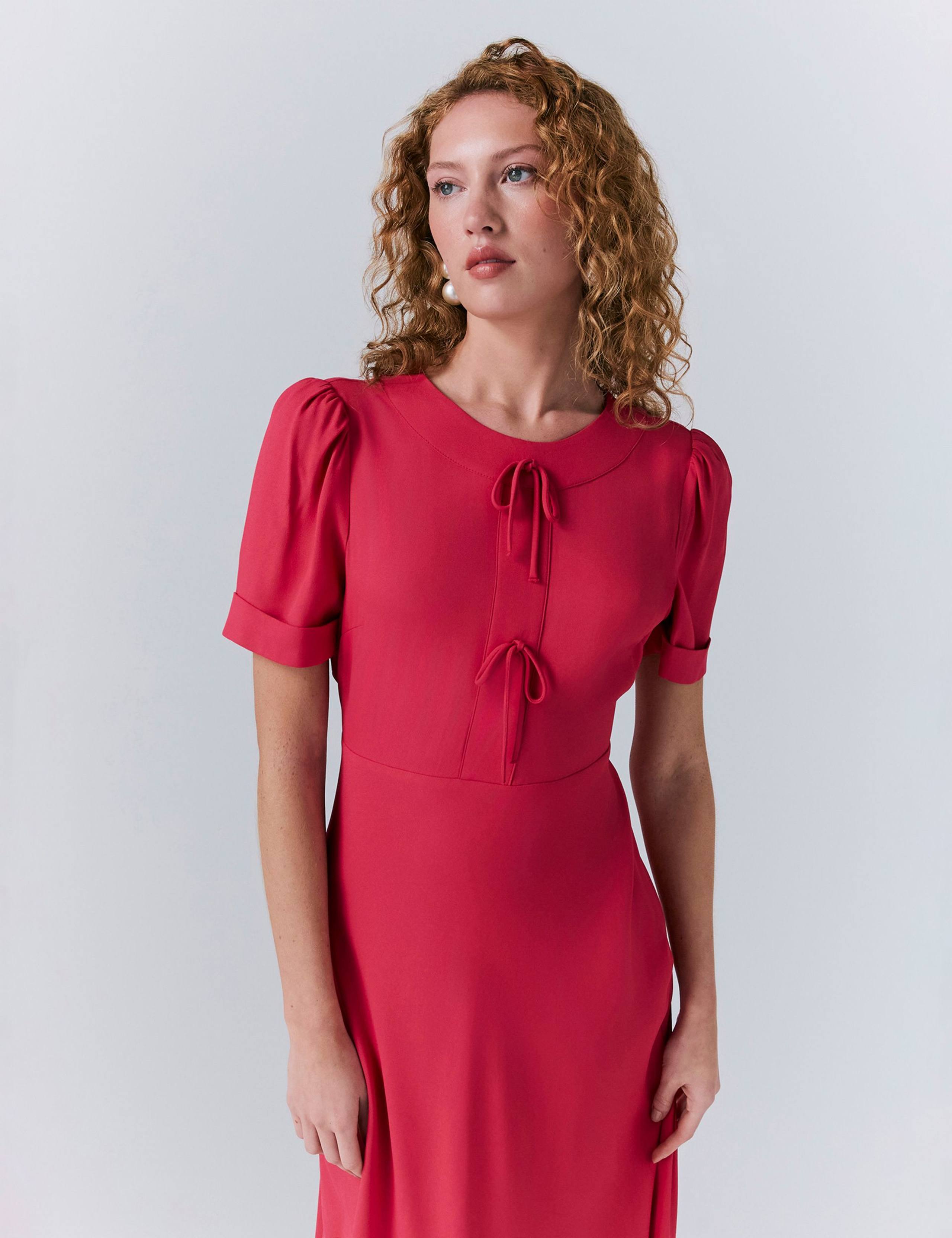 Crepe Bow Detail Puff Sleeve Midi Tea Dress 5 of 5