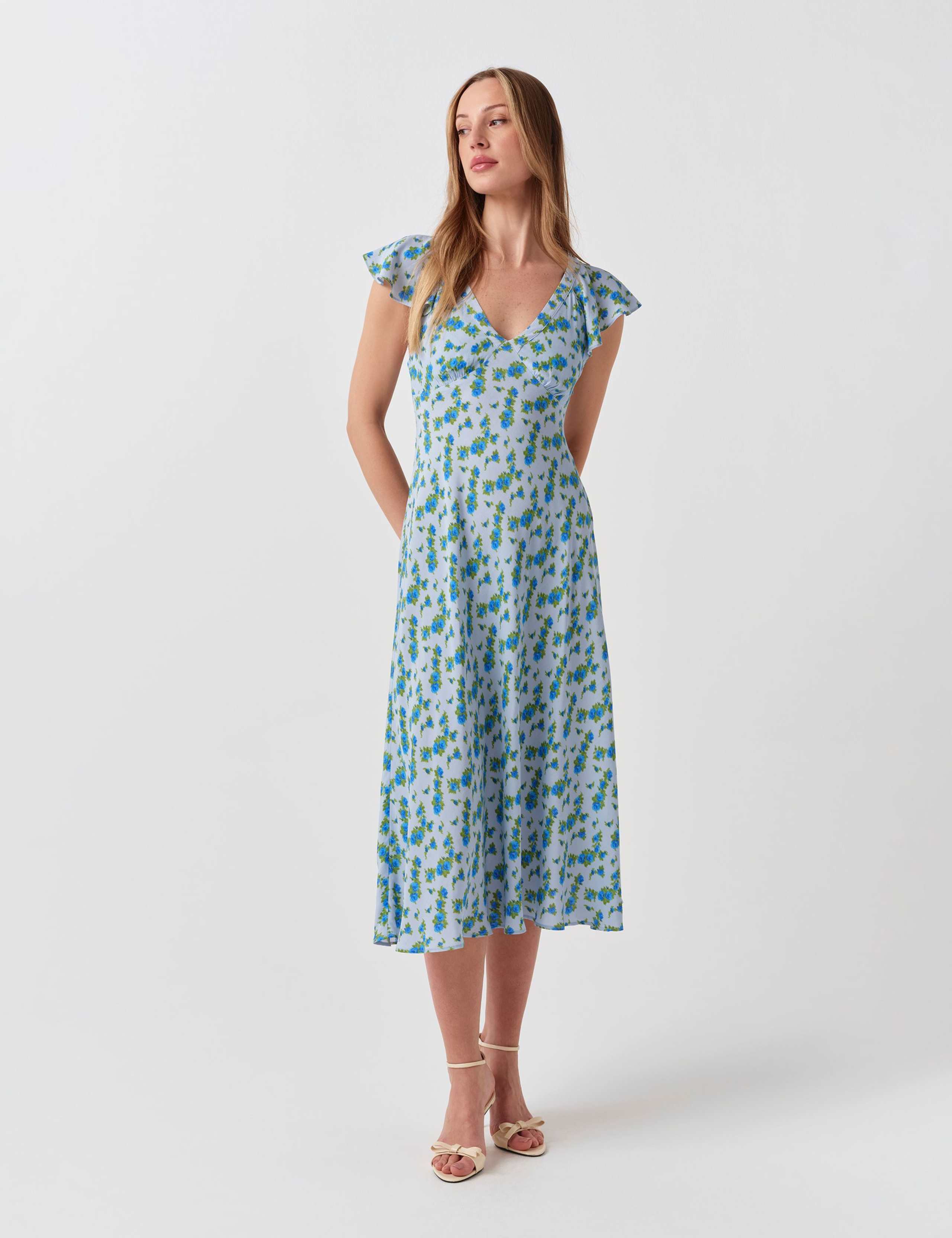 Crepe Floral V-Neck Midi Tea Dress 2 of 4