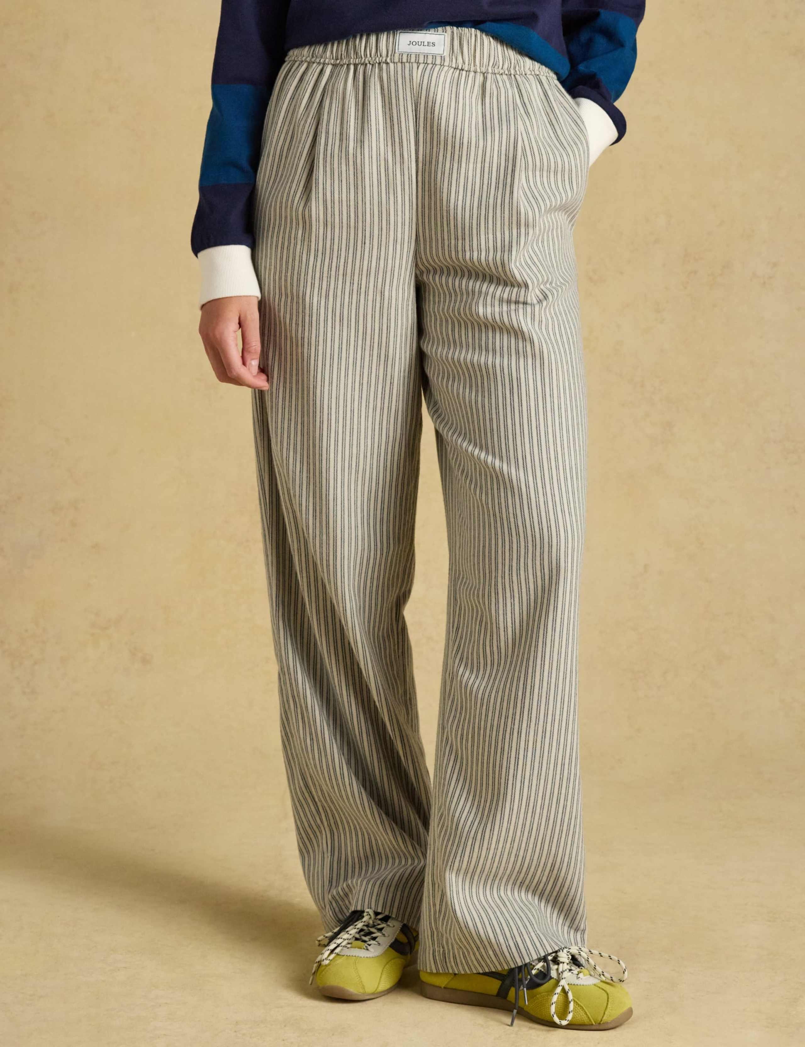 Pure Cotton Striped Flannel Wide Leg Trousers 1 of 6