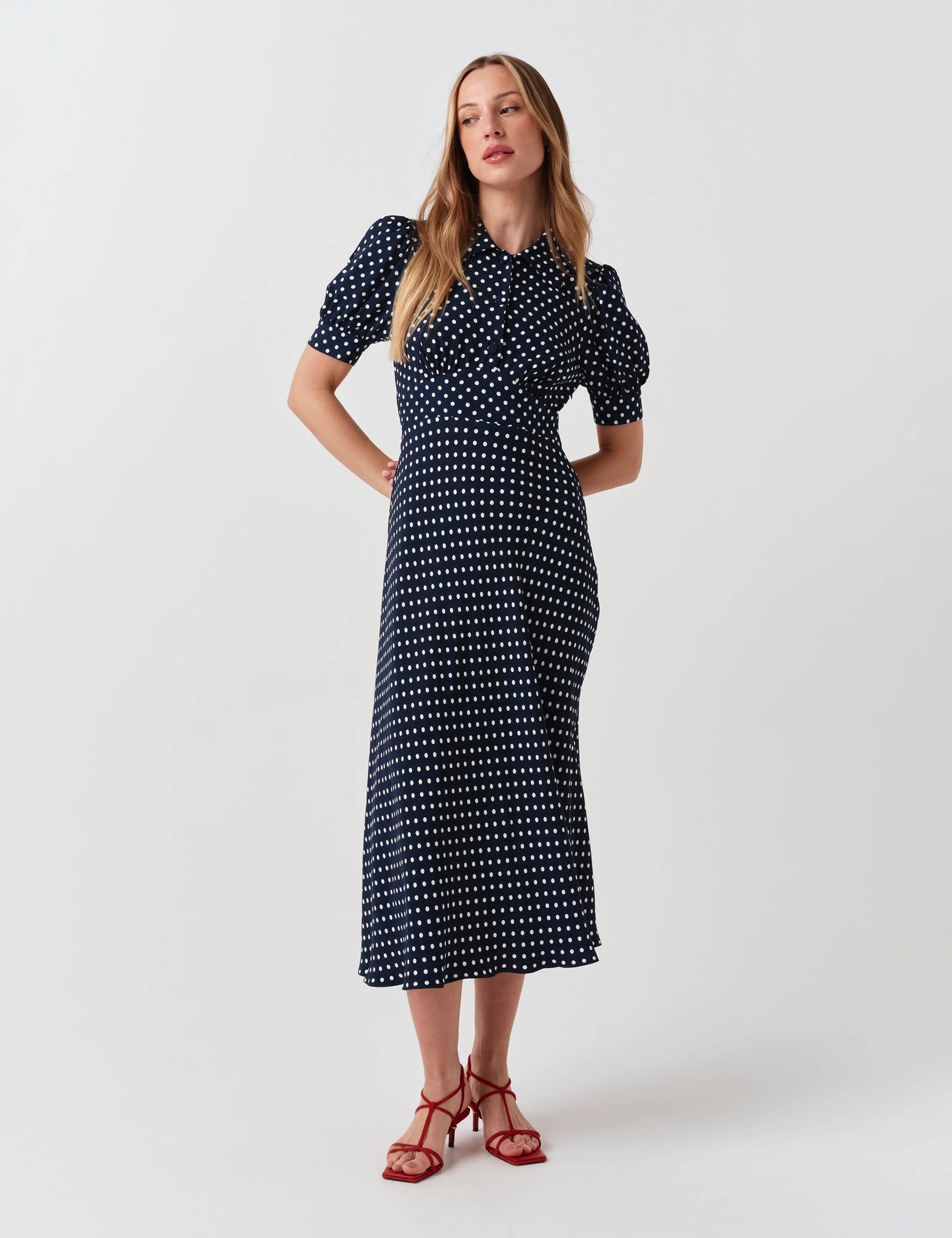 Spot Print Collared Button Midi Tea Dress 2 of 6