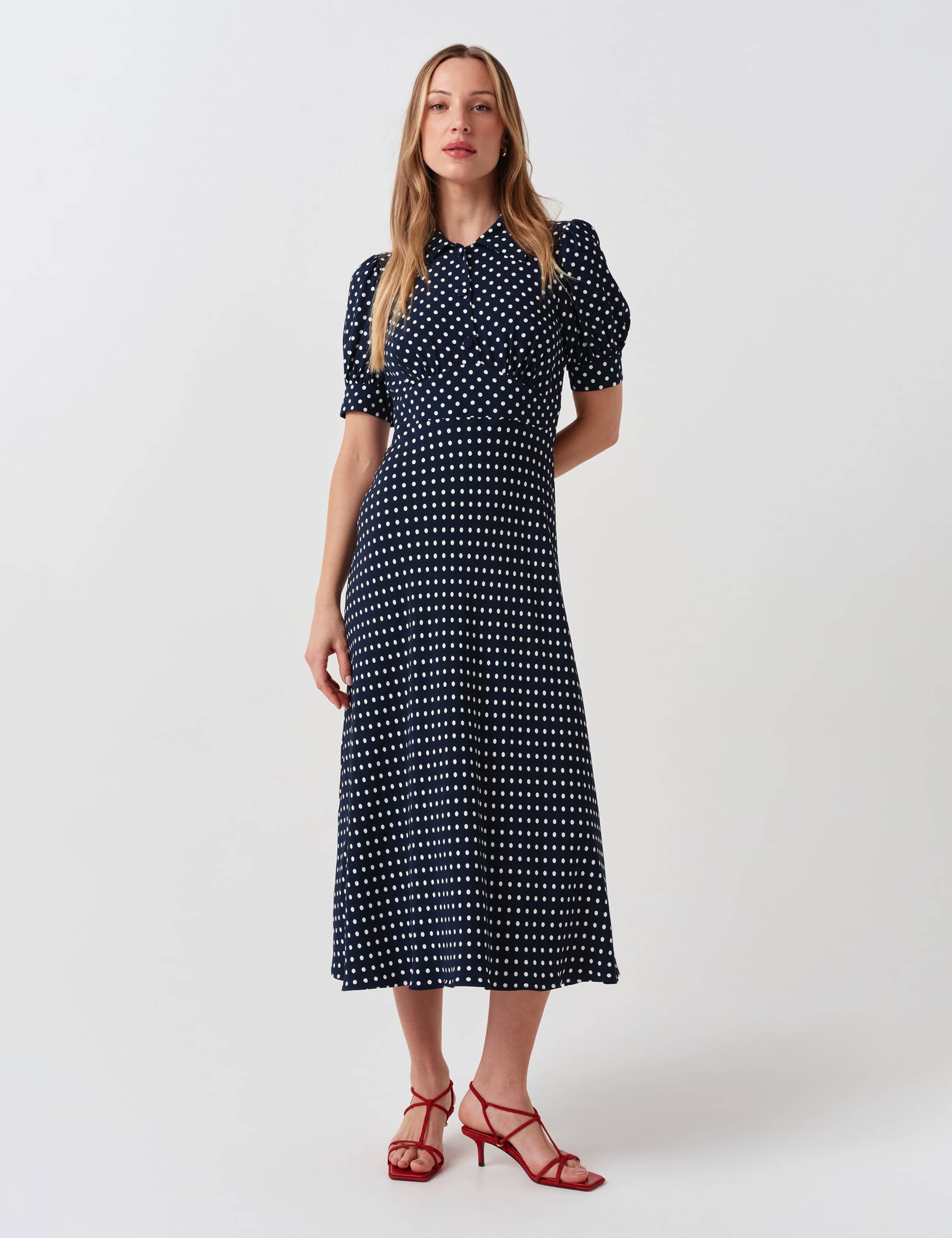 Spot Print Collared Button Midi Tea Dress 3 of 6