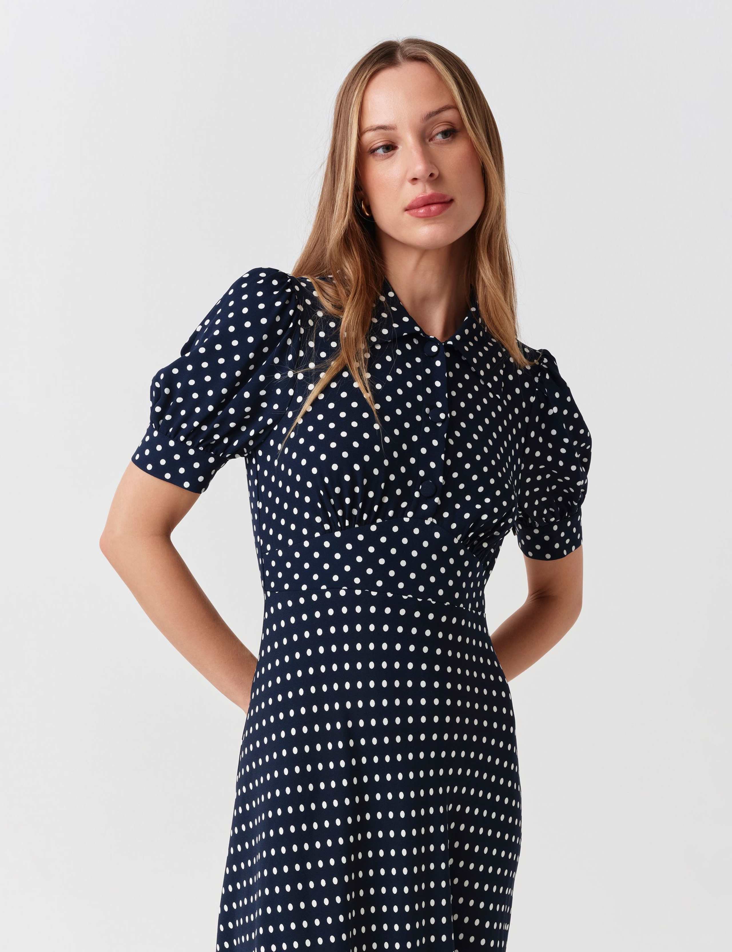 Spot Print Collared Button Midi Tea Dress 5 of 6