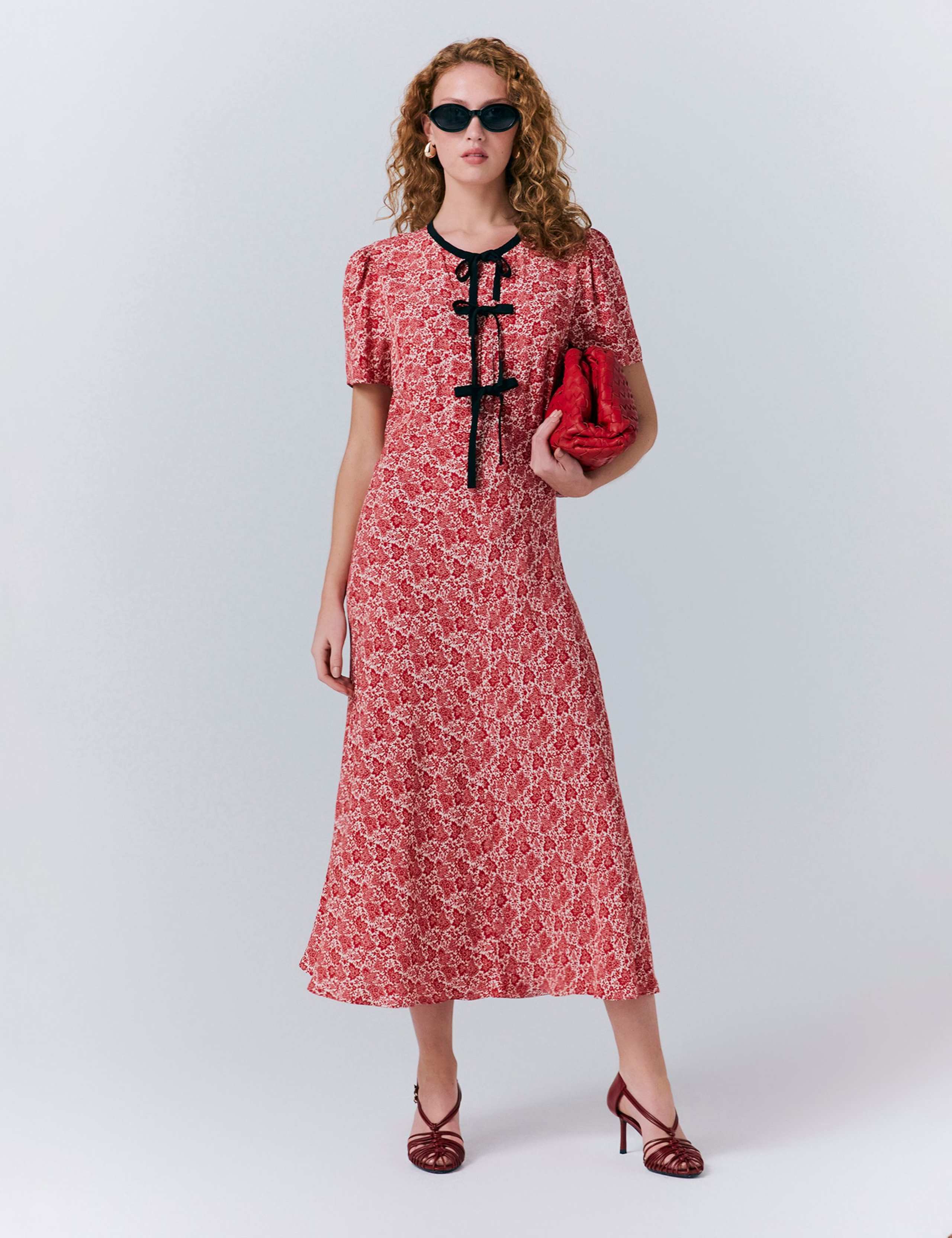 Crepe Floral Tie Front Midi Tea Dress 1 of 5