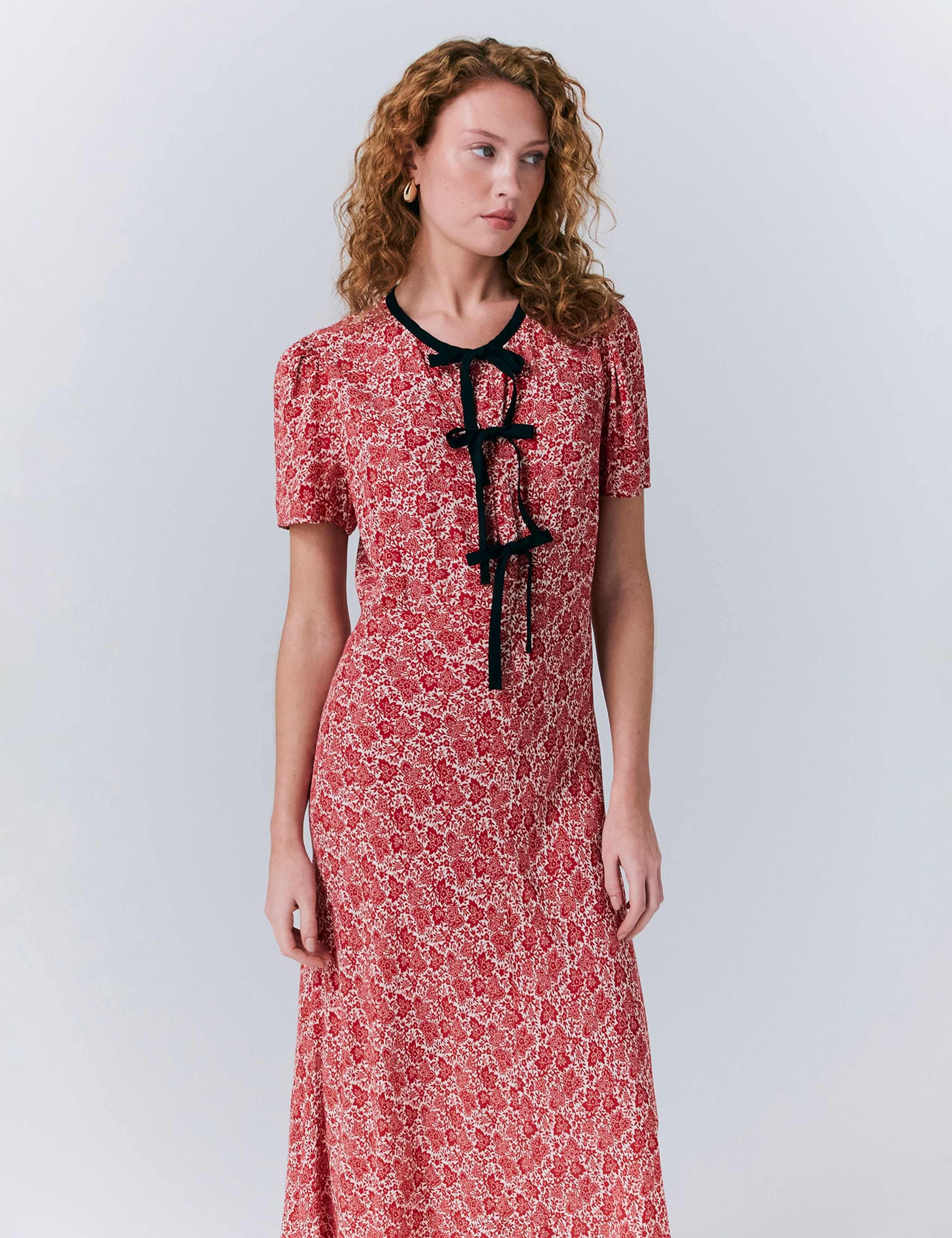 Crepe Floral Tie Front Midi Tea Dress 4 of 5