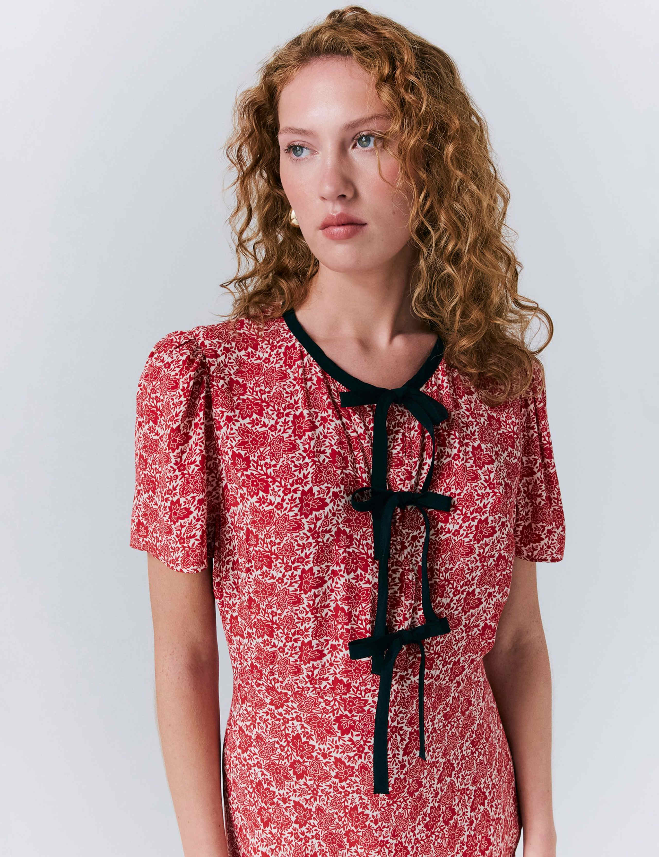 Crepe Floral Tie Front Midi Tea Dress 5 of 5