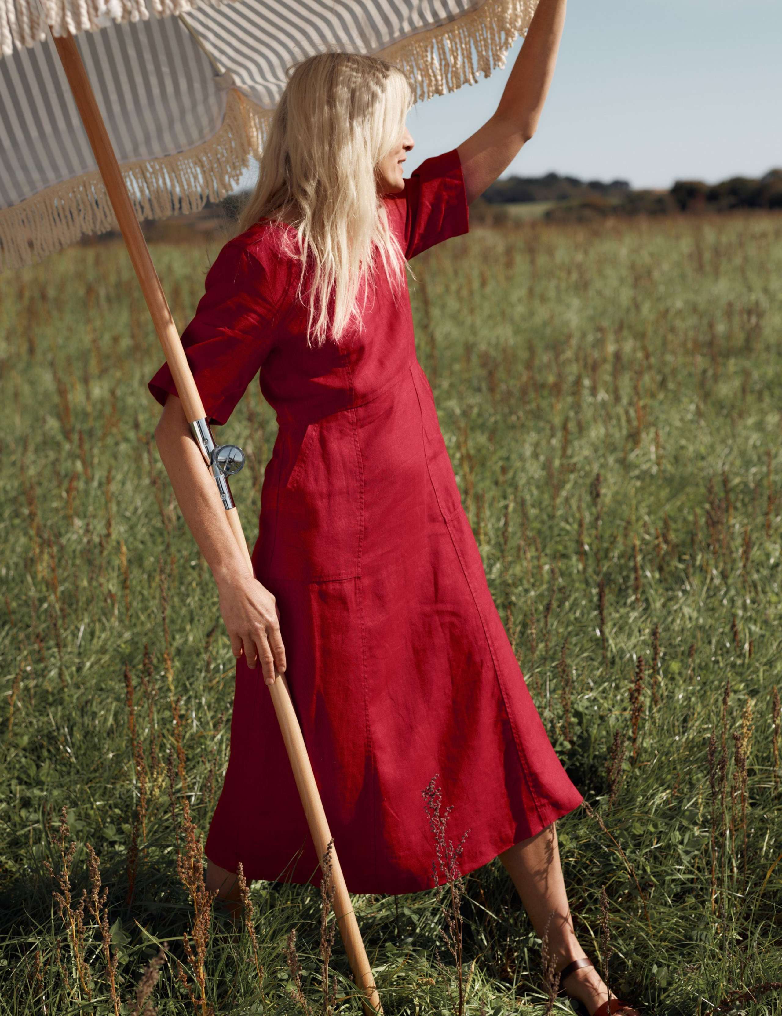 Pure Linen Round Neck Midi Waisted Dress 3 of 6