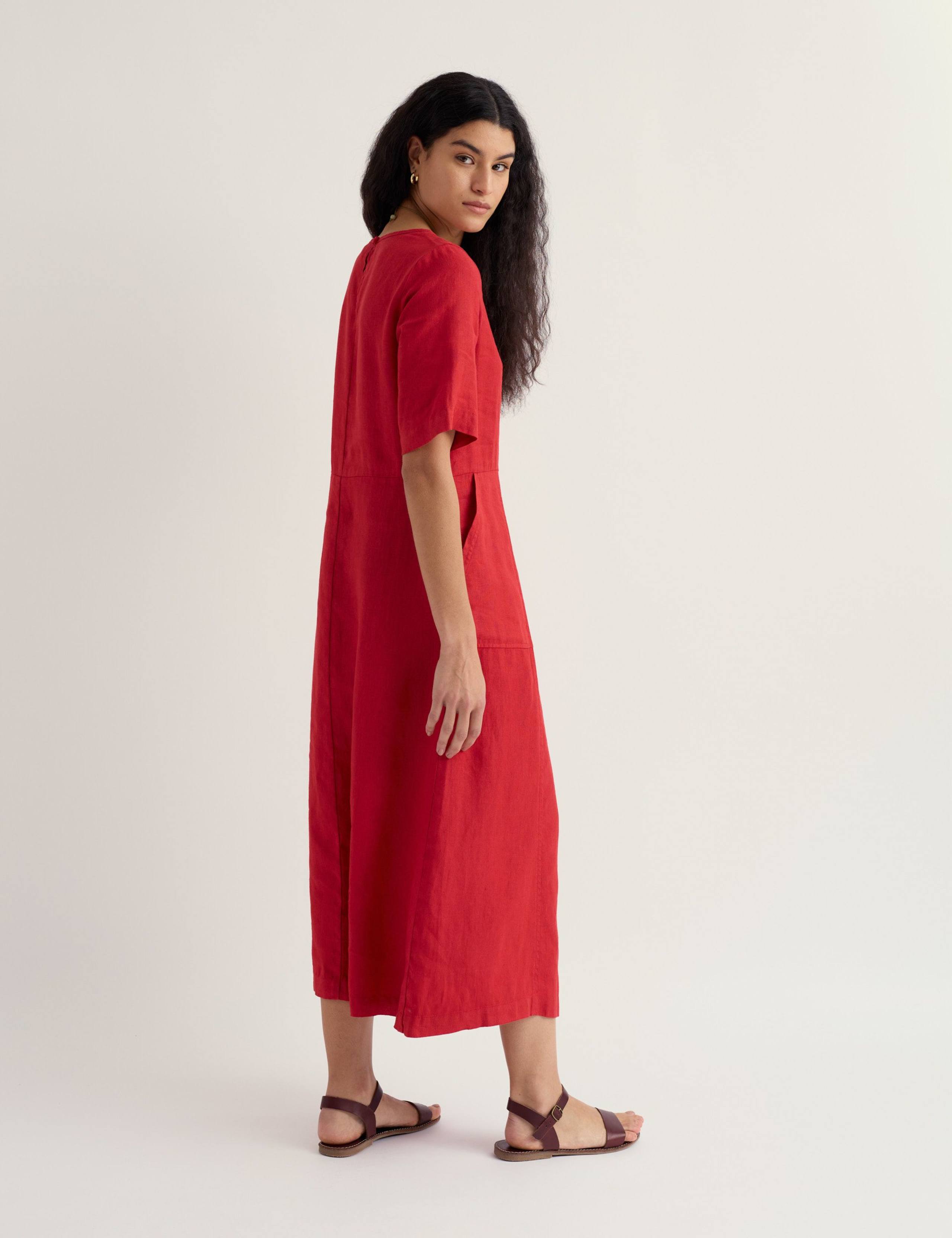 Pure Linen Round Neck Midi Waisted Dress 4 of 6