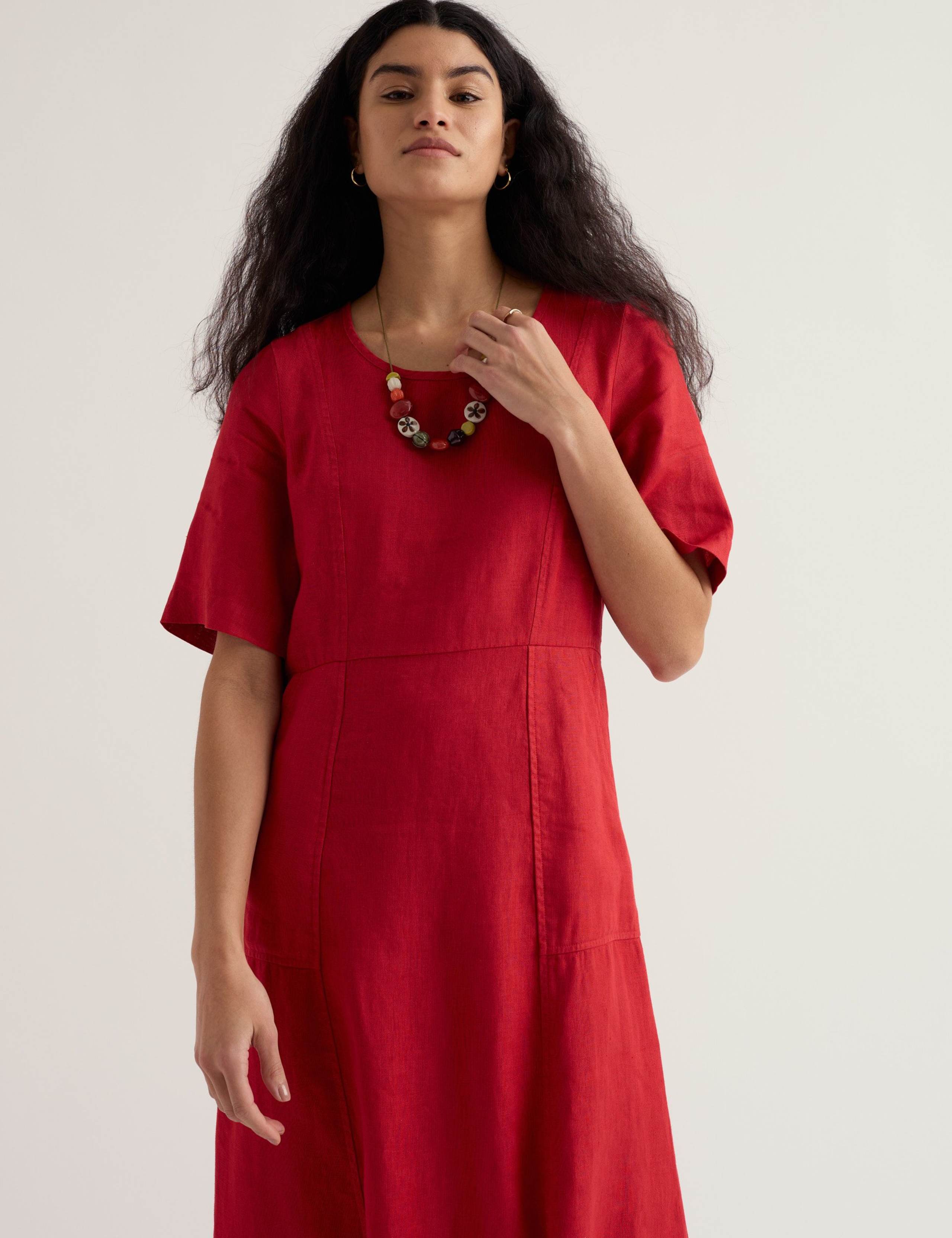 Pure Linen Round Neck Midi Waisted Dress 5 of 6