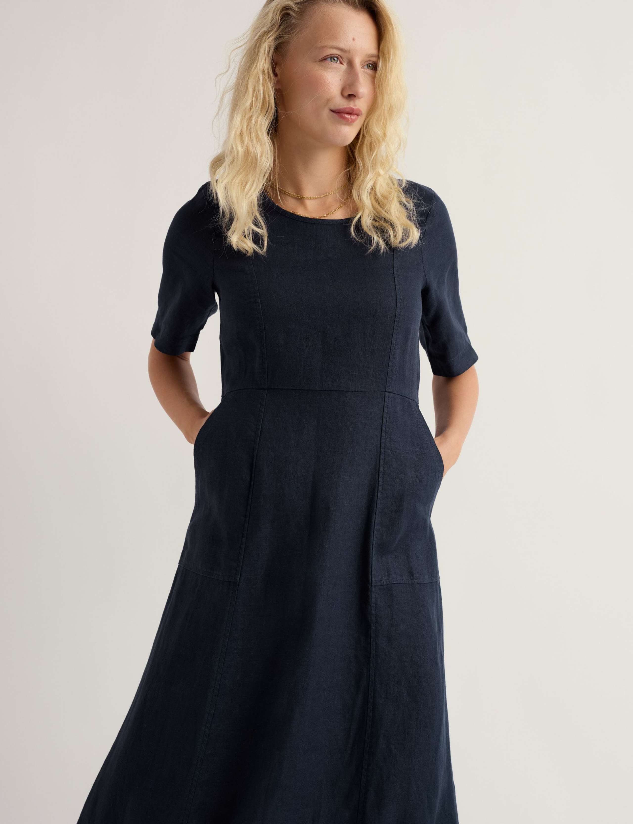 Pure Linen Round Neck Midi Waisted Dress 4 of 5