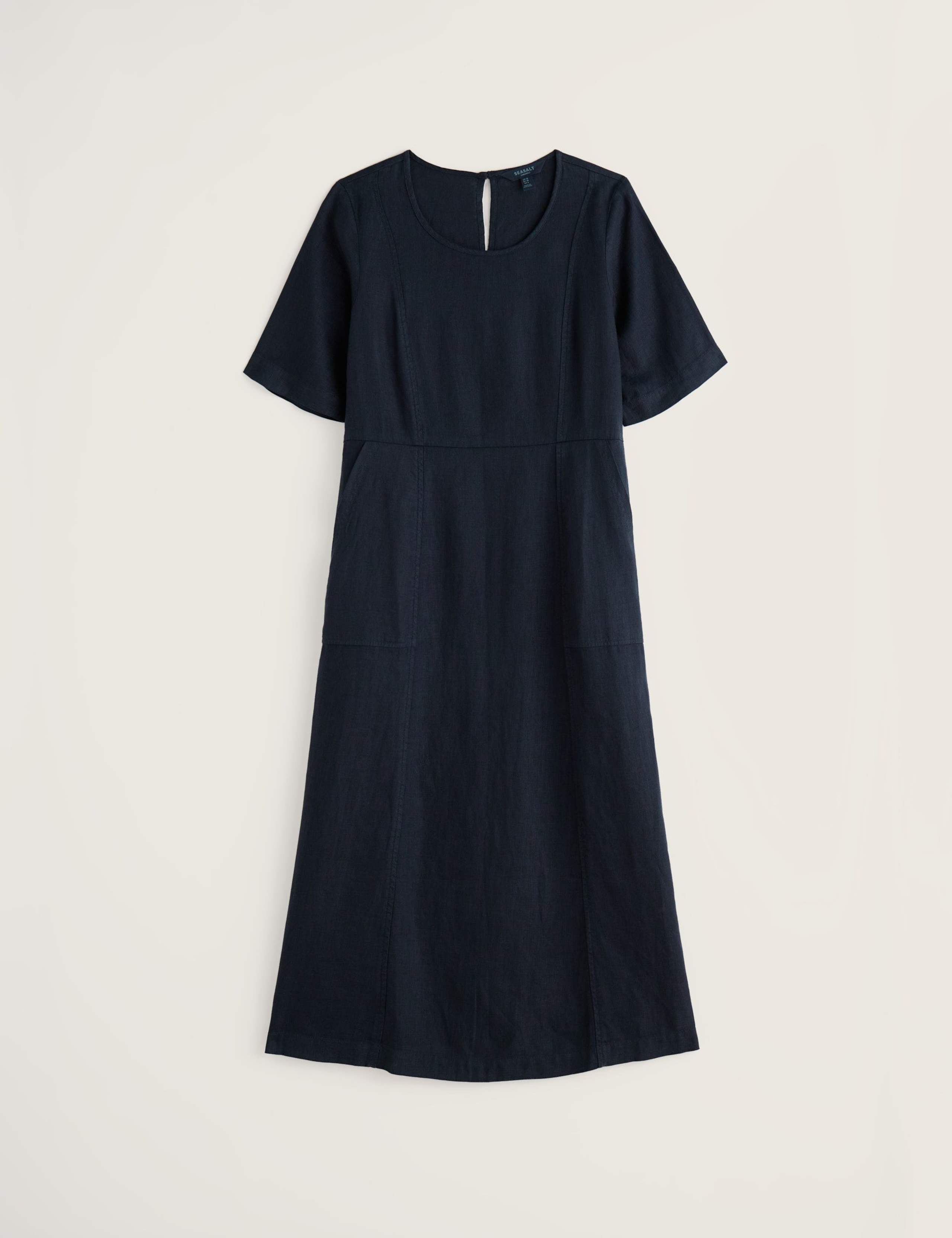 Pure Linen Round Neck Midi Waisted Dress 2 of 5