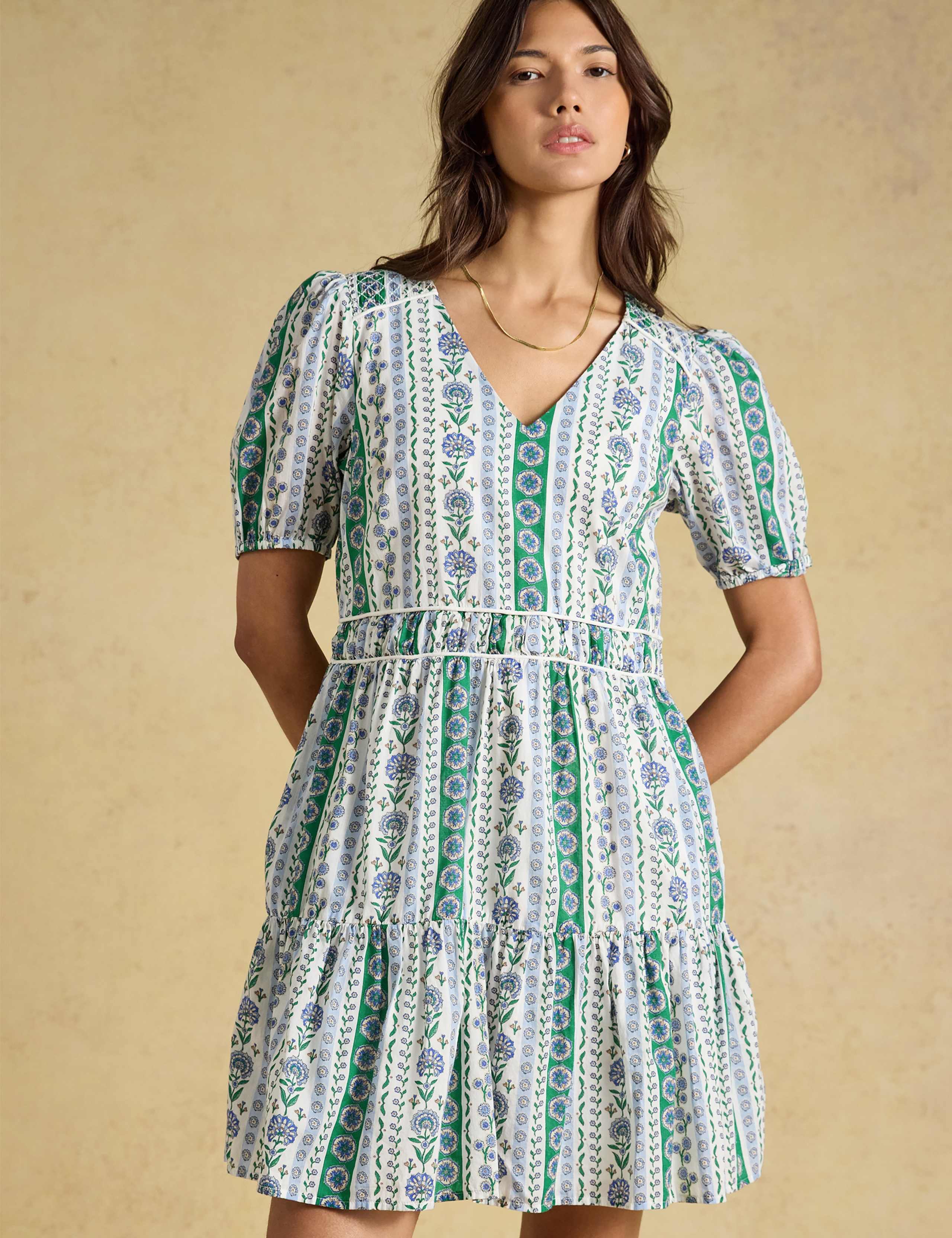 Pure Cotton Floral V-Neck Mini Tiered Dress 1 of 6