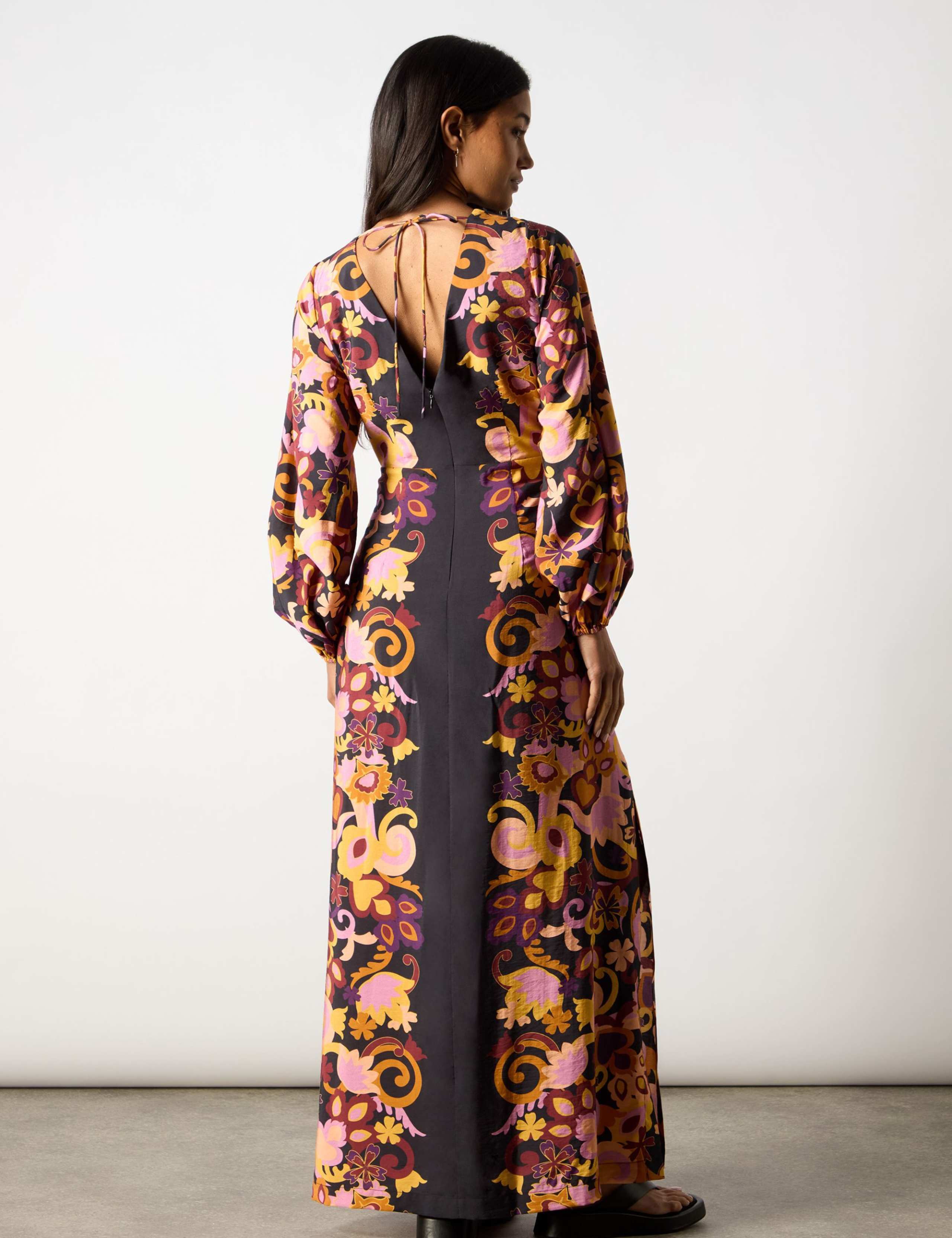 Floral V-Neck Blouson Sleeve Maxi Waisted Dress 3 of 7