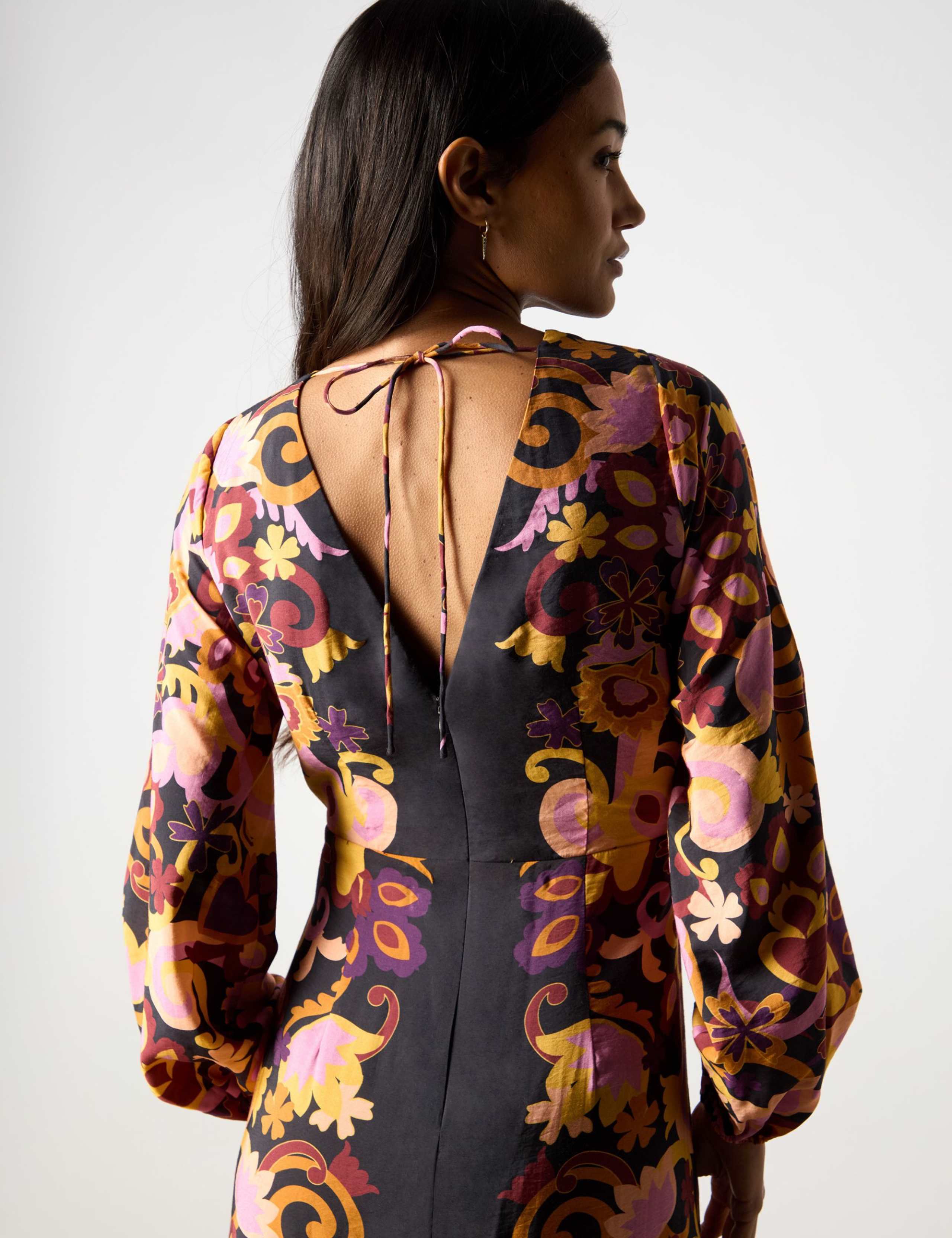Floral V-Neck Blouson Sleeve Maxi Waisted Dress 6 of 7