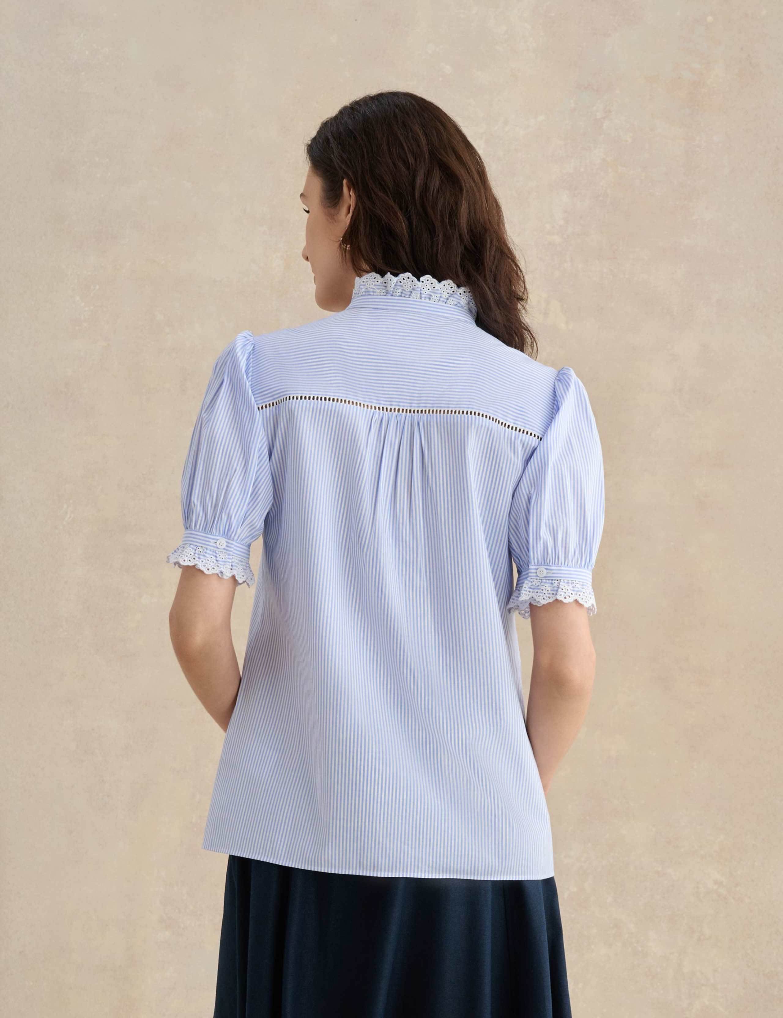 Cotton Blend Striped Broderie Detail Blouse 4 of 5