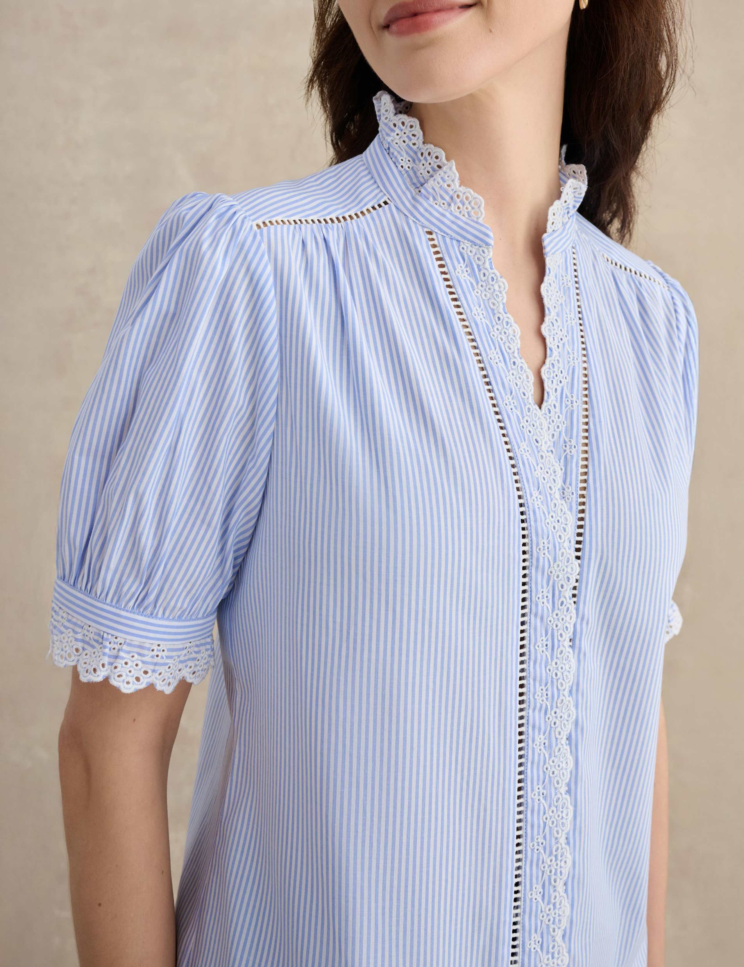 Cotton Blend Striped Broderie Detail Blouse 5 of 5