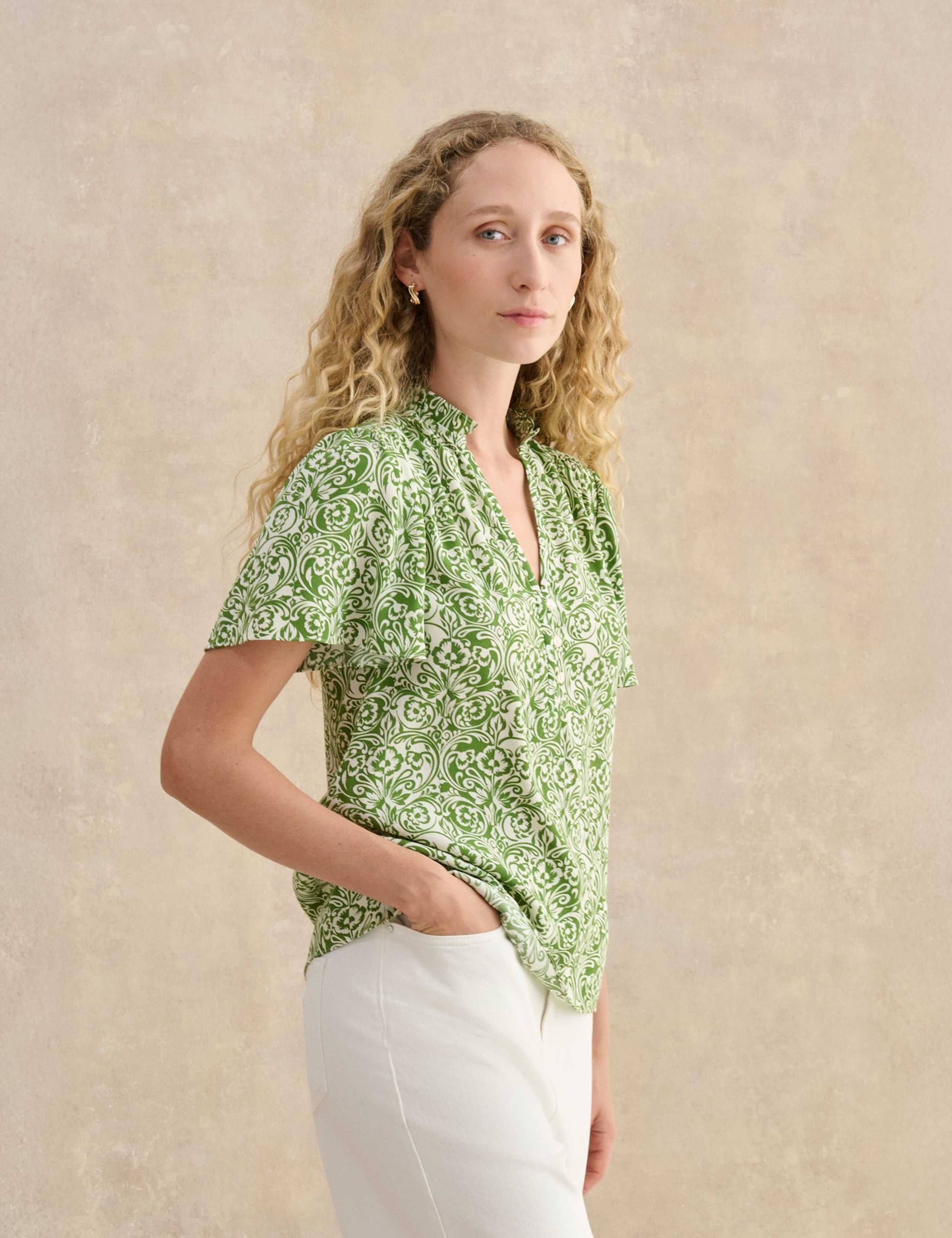 Floral Notch V-Neck Angel Sleeve Blouse 3 of 5