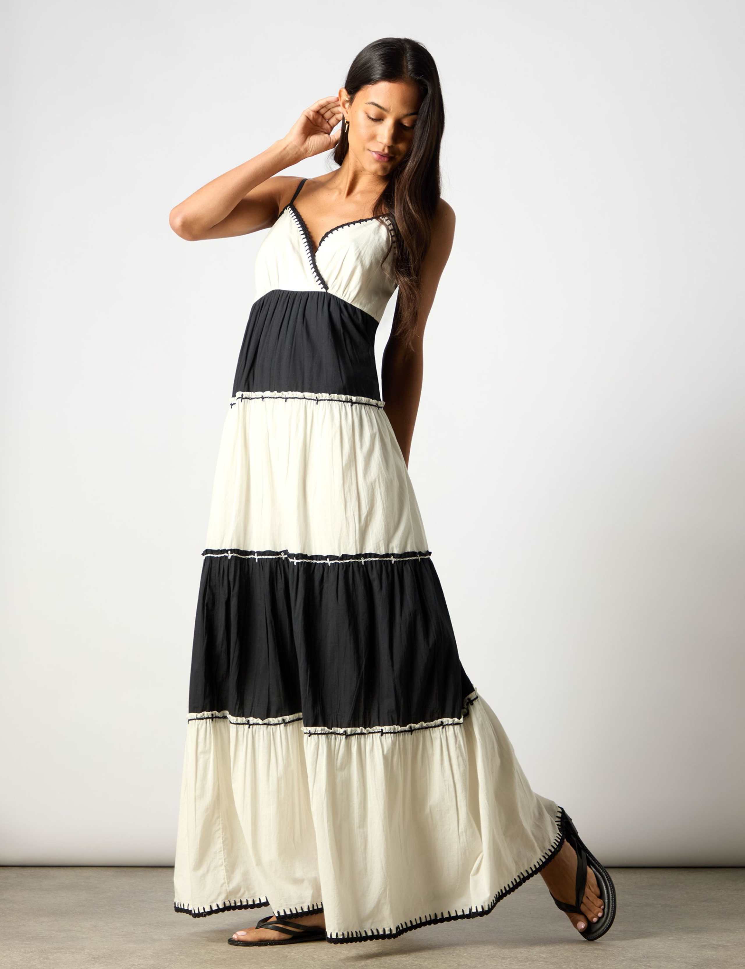 Pure Cotton Colour Block V-Neck Tiered Dress 3 of 7