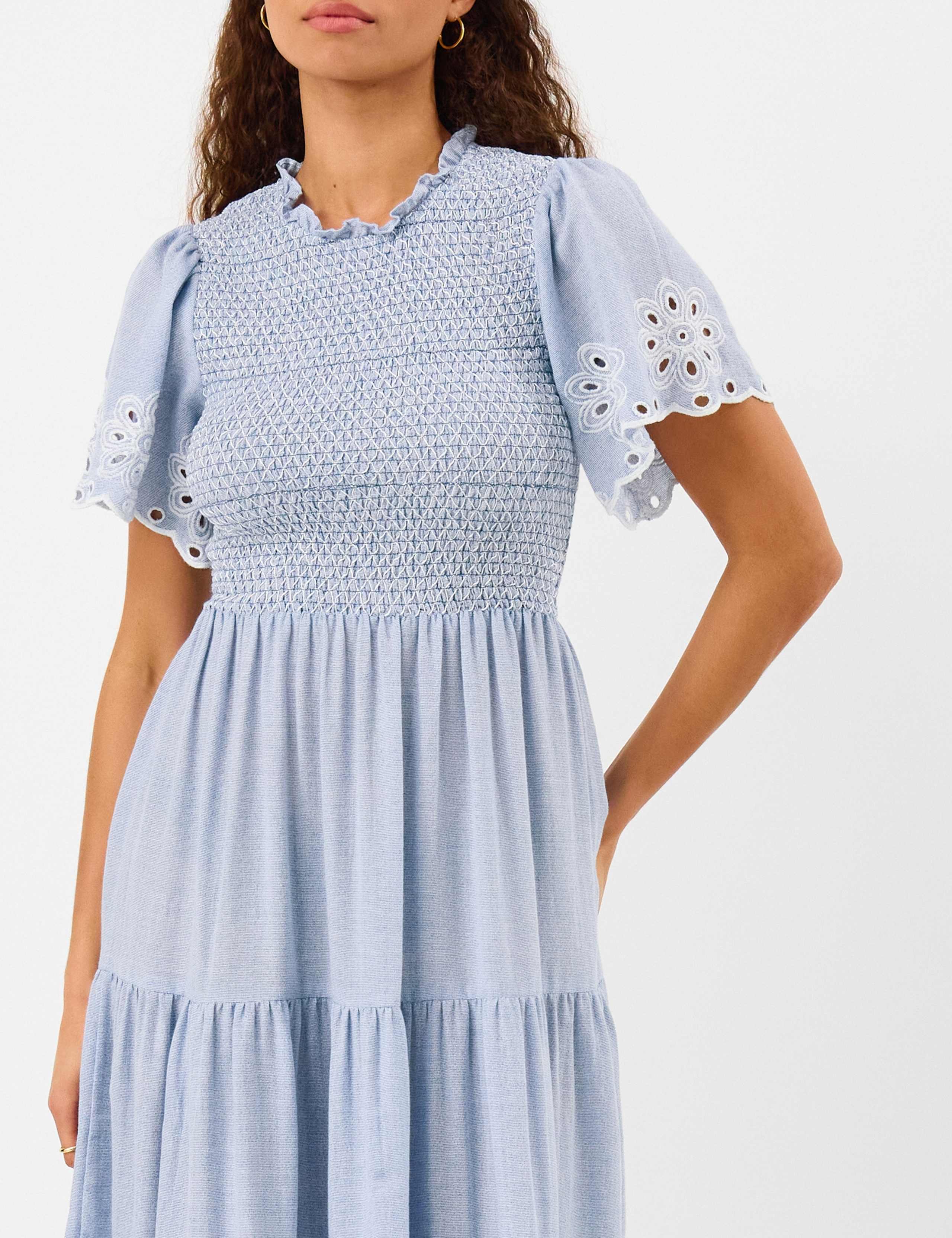 Pure Cotton Cutwork Midi Shirred Dress 2 of 4