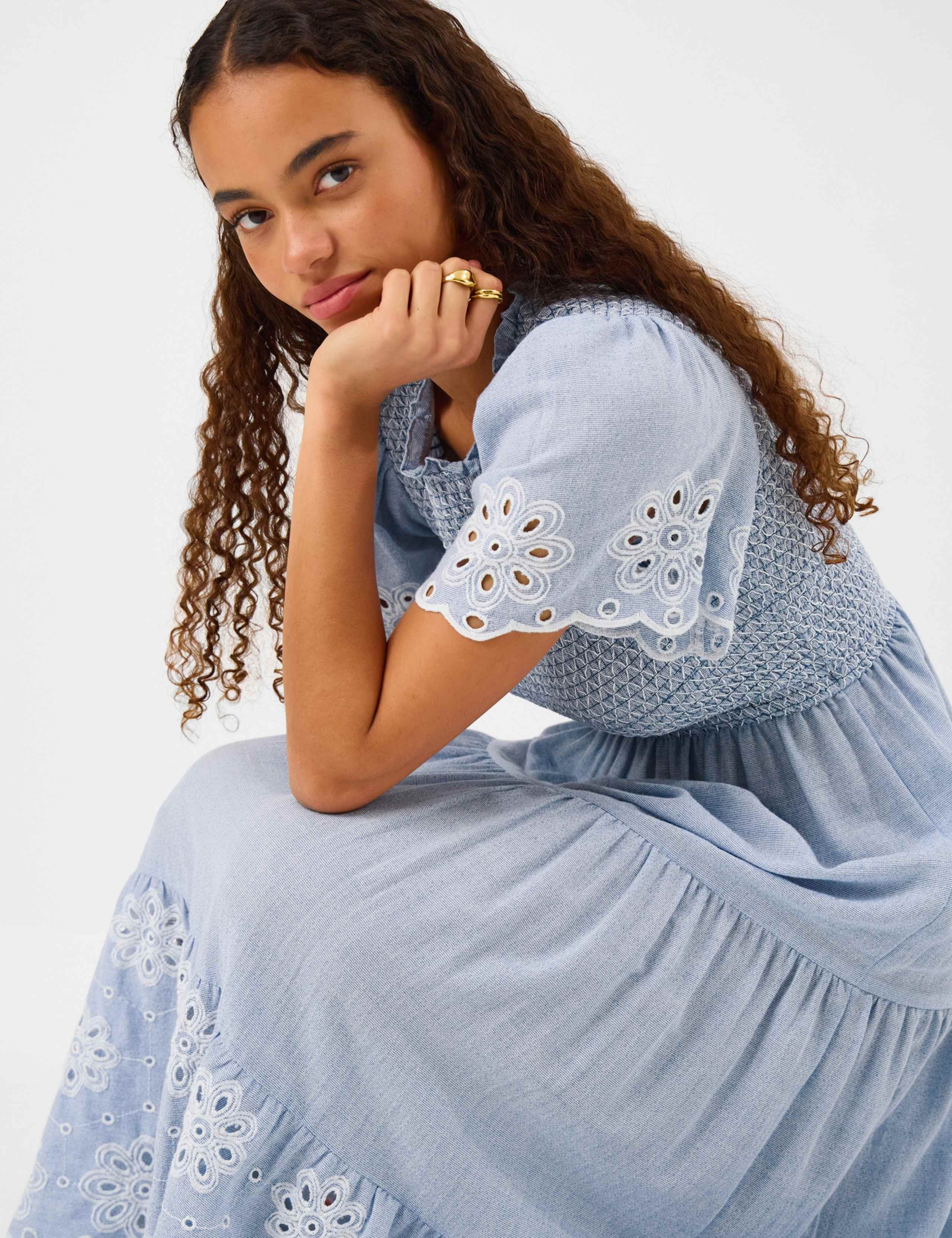 Pure Cotton Cutwork Midi Shirred Dress 3 of 4