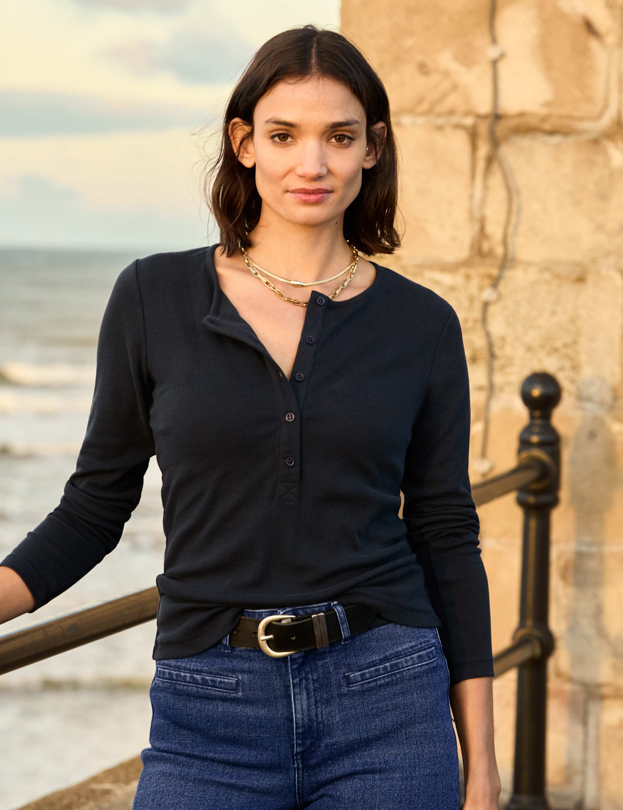 Cotton Blend Round Neck Henley Top 1 of 4