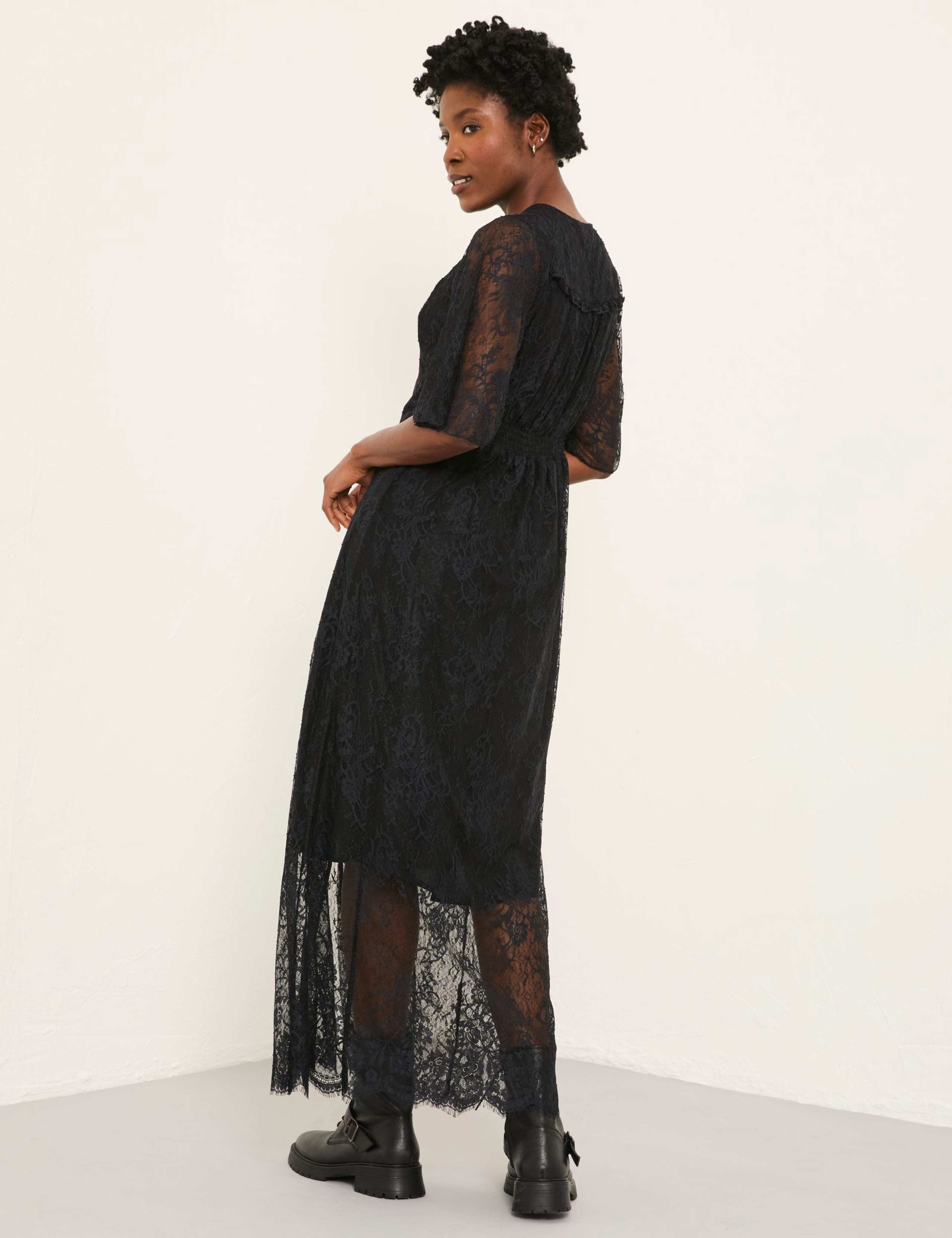 Lace V-Neck Angel Sleeve Midi Column Dress 3 of 6