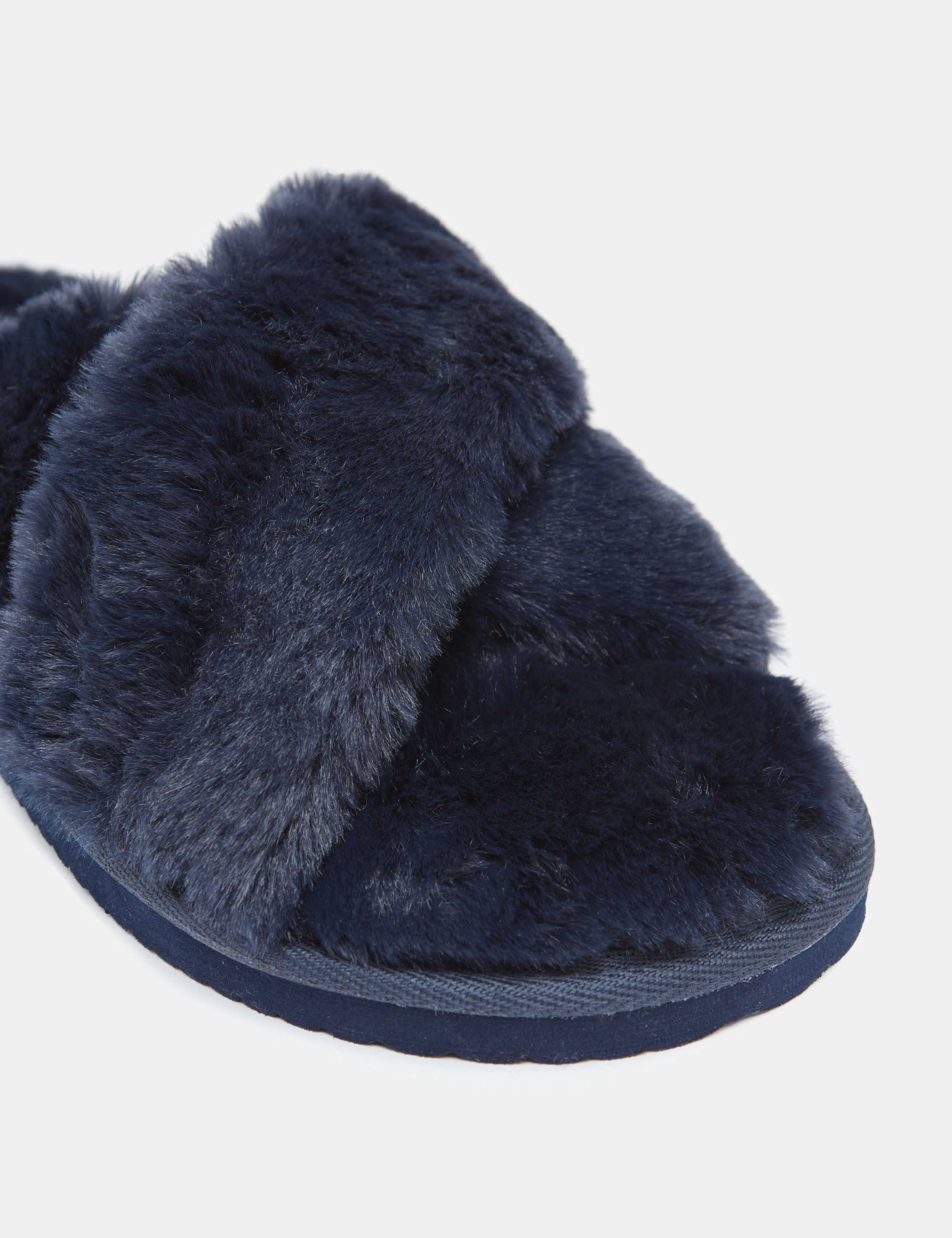 Faux Fur Crossover Open Toe Slippers 4 of 4