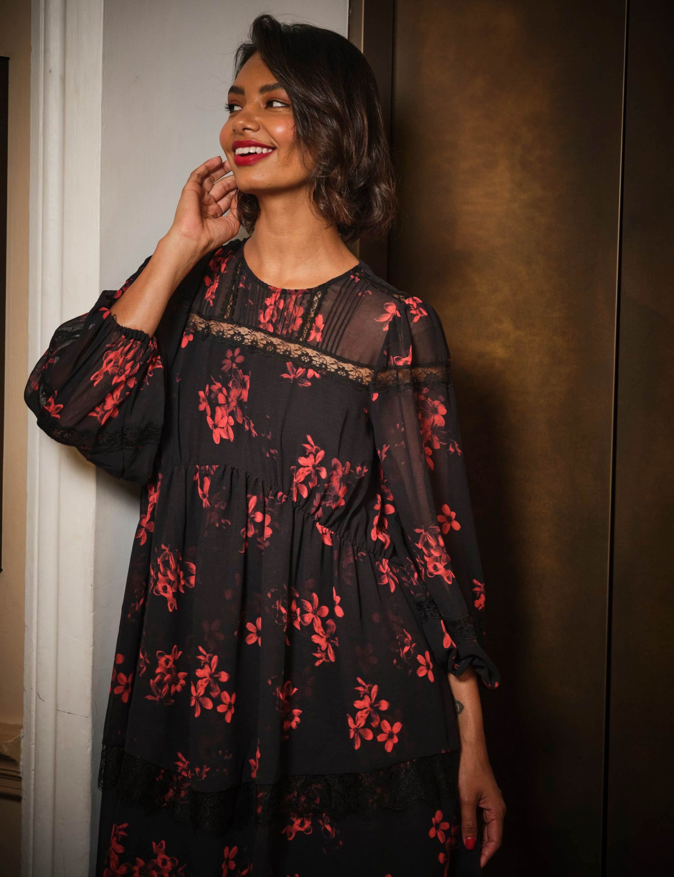 Floral Lace Insert Mini Smock Dress 6 of 8