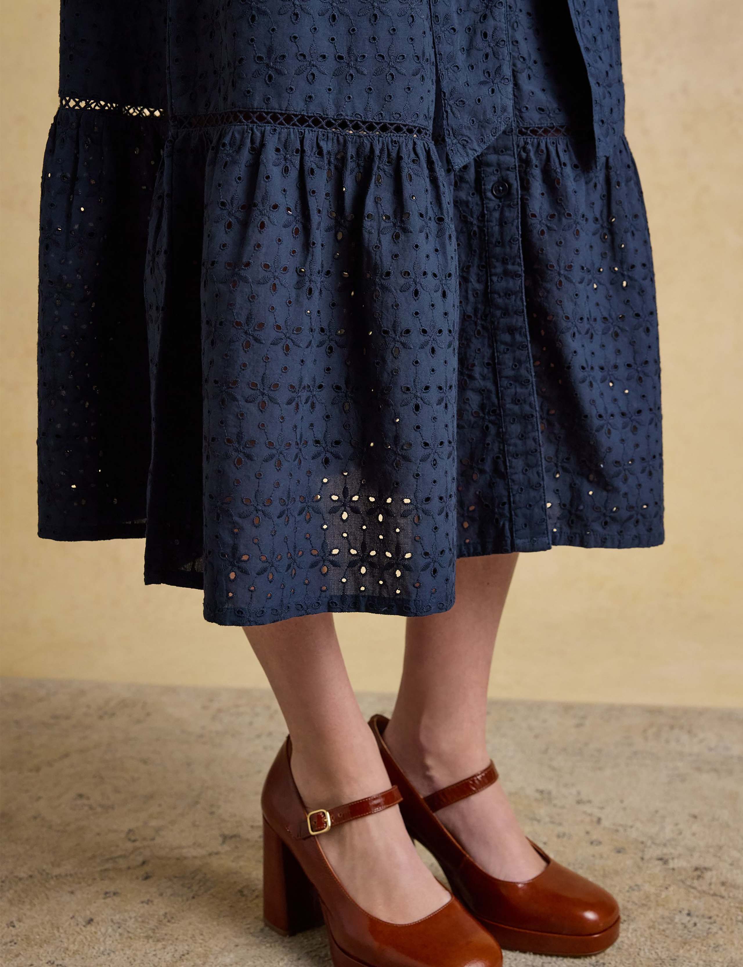 Pure Cotton Broderie Belted Midi Tiered Dress 10 of 10