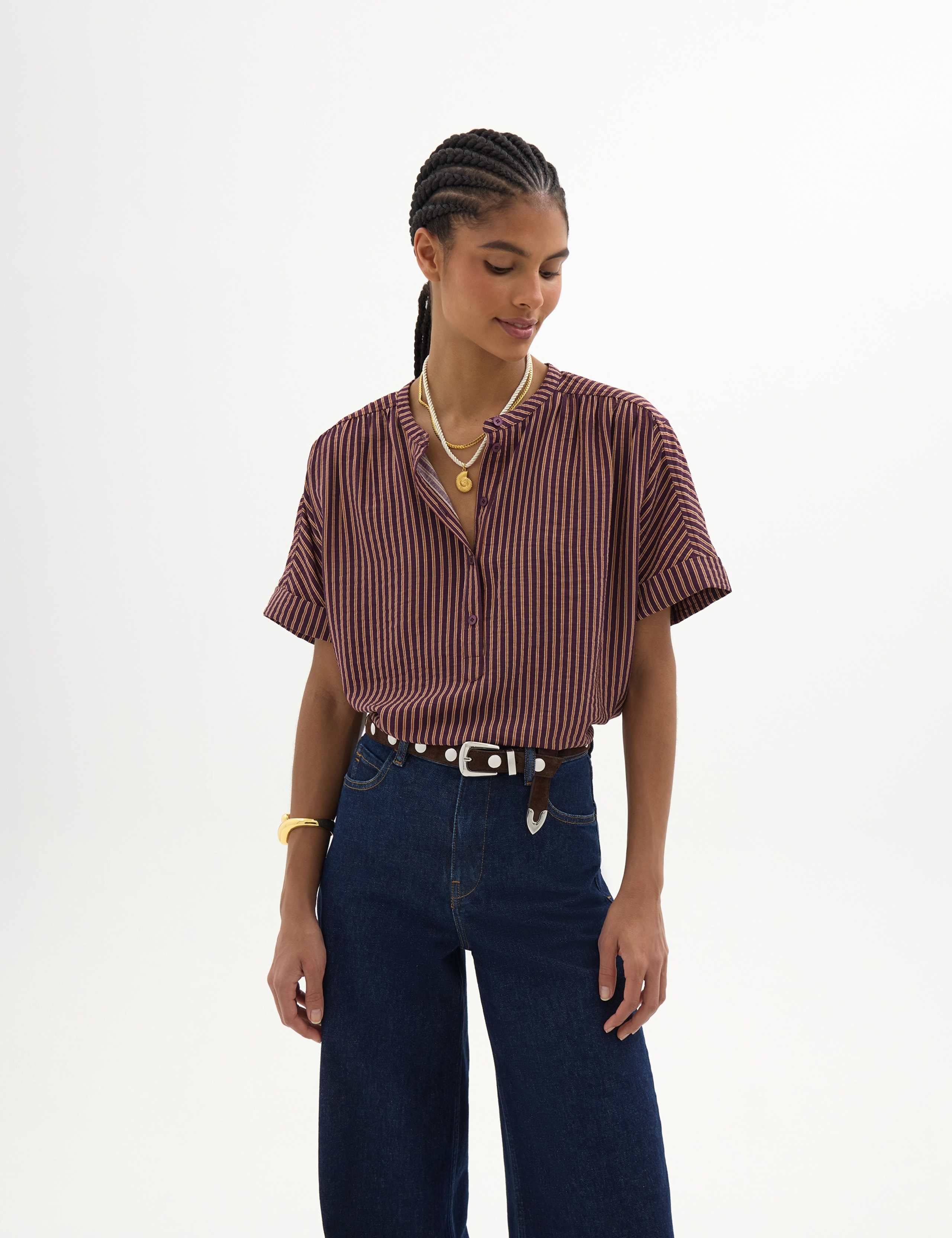 Striped Crew Neck Button Front Blouse 1 of 6
