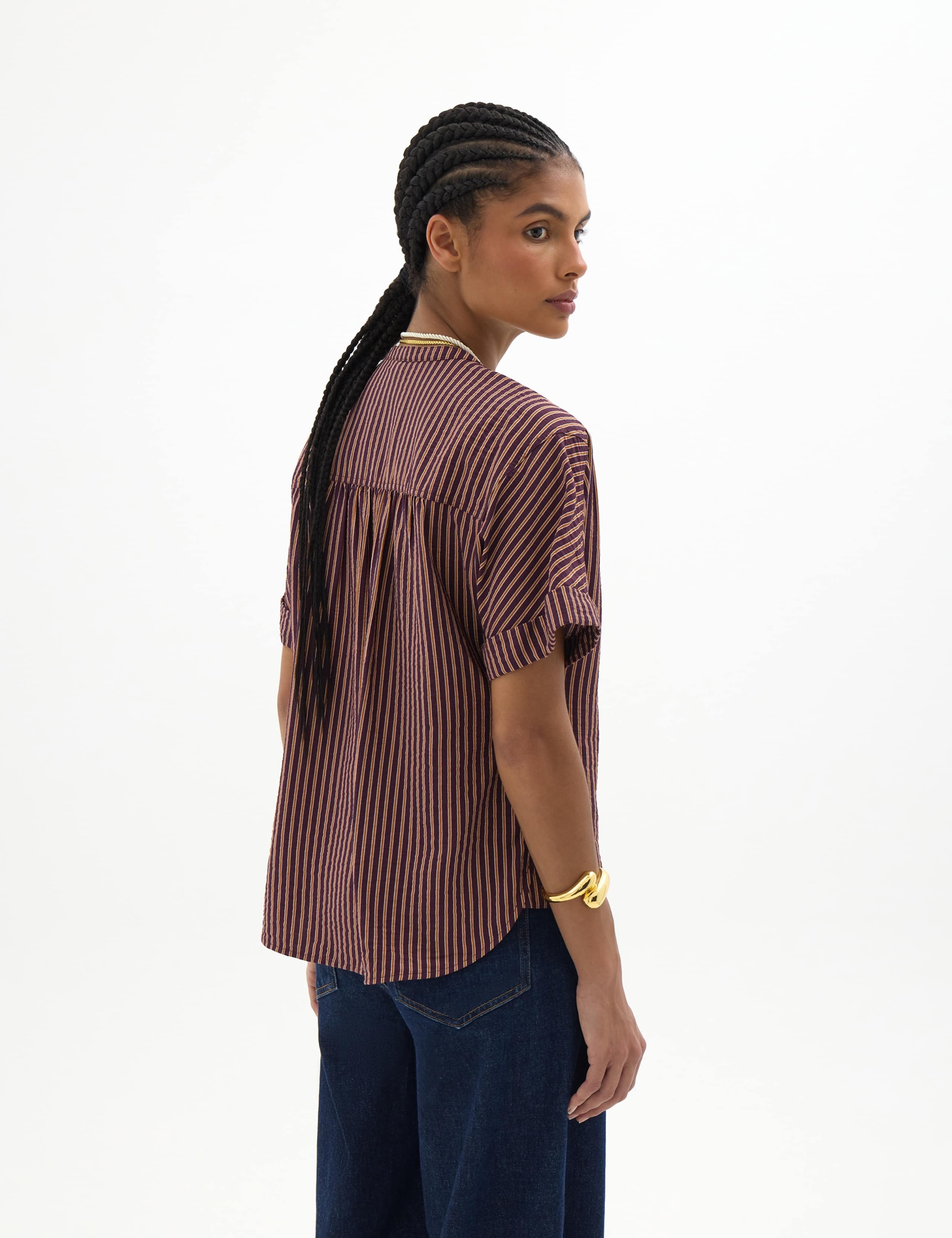 Striped Crew Neck Button Front Blouse 3 of 6